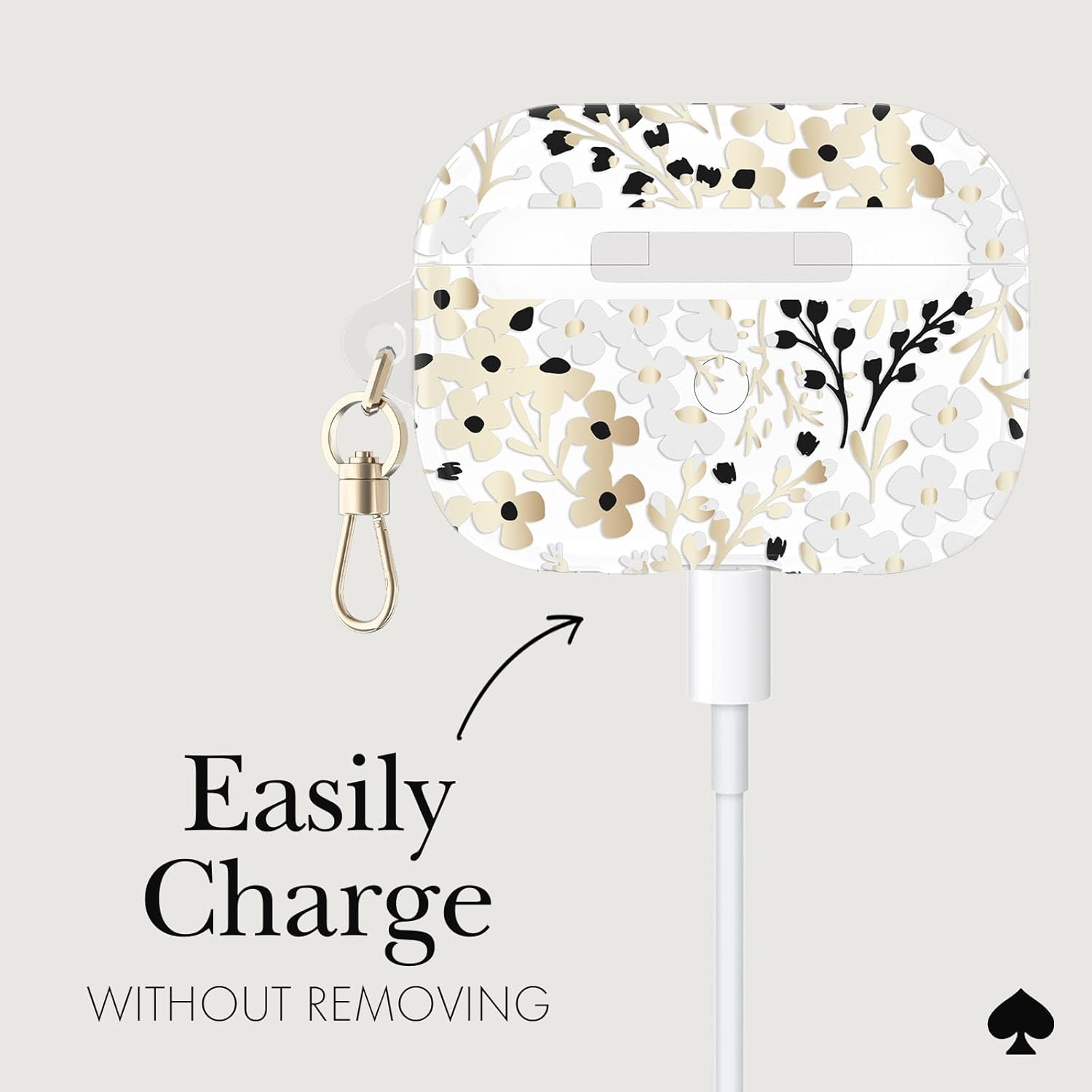 Kate Spade New York AirPods Pro Protective Case with Keychain Ring - Multi Floral Black and White, Compatible with AirPods Pro 2nd / 1st Generation - Image 4