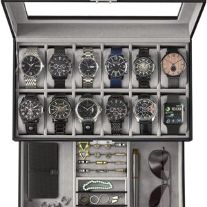 Readaeer Black Leather Watch Box Jewelry Display Case with Drawer, Jewelry Box for Men & Women (12 Slots with 2 Layers) Readaeer Black Leather Watch Box Jewelry Display Case with Drawer, Jewelry Box for Men & Women (12 Slots with 2 Layers)