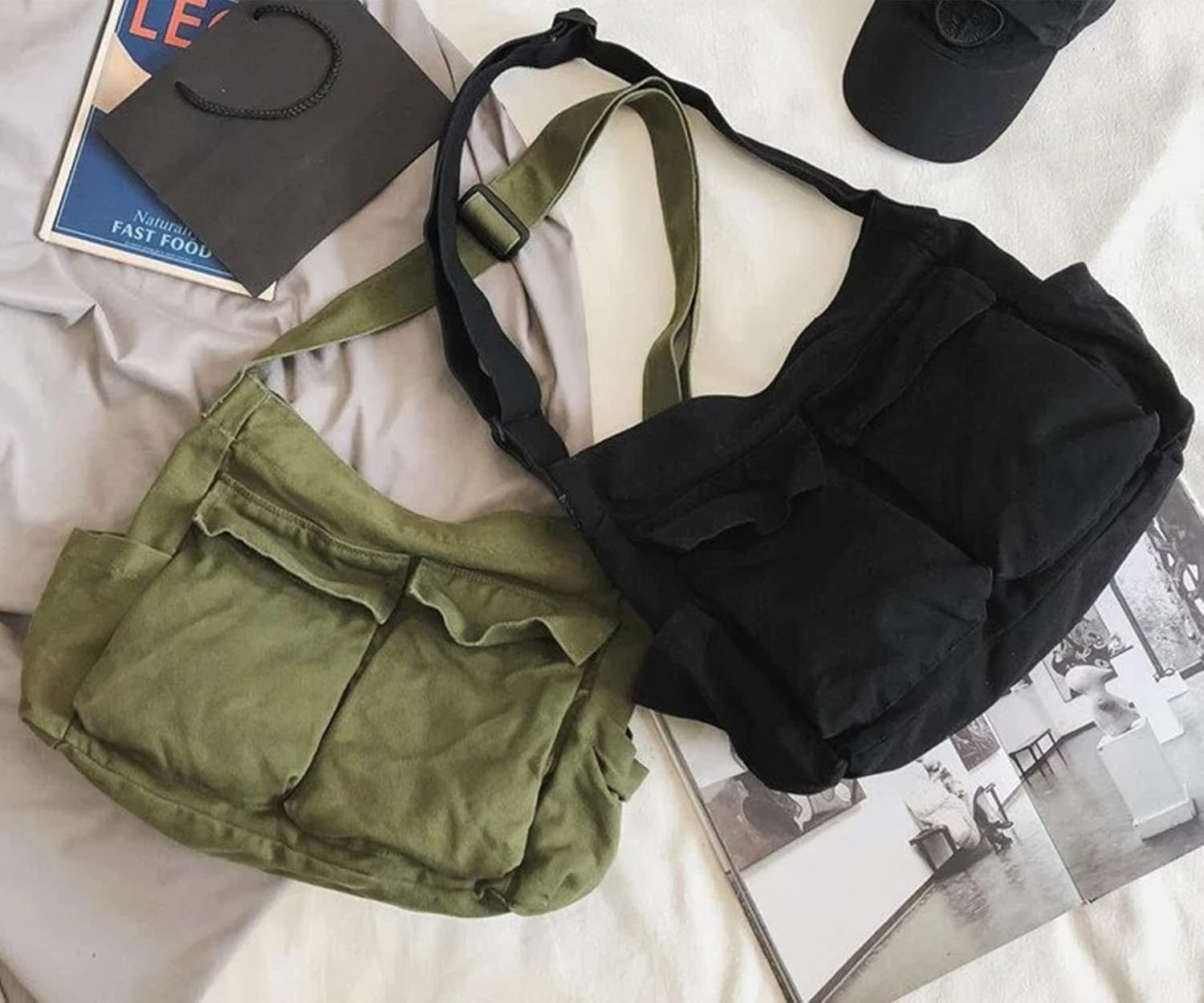 Messenger Bag, Large Hobo Crossbody Bag with Multiple Pockets Canvas Shoulder Tote Bag for Women and Men - Image 3