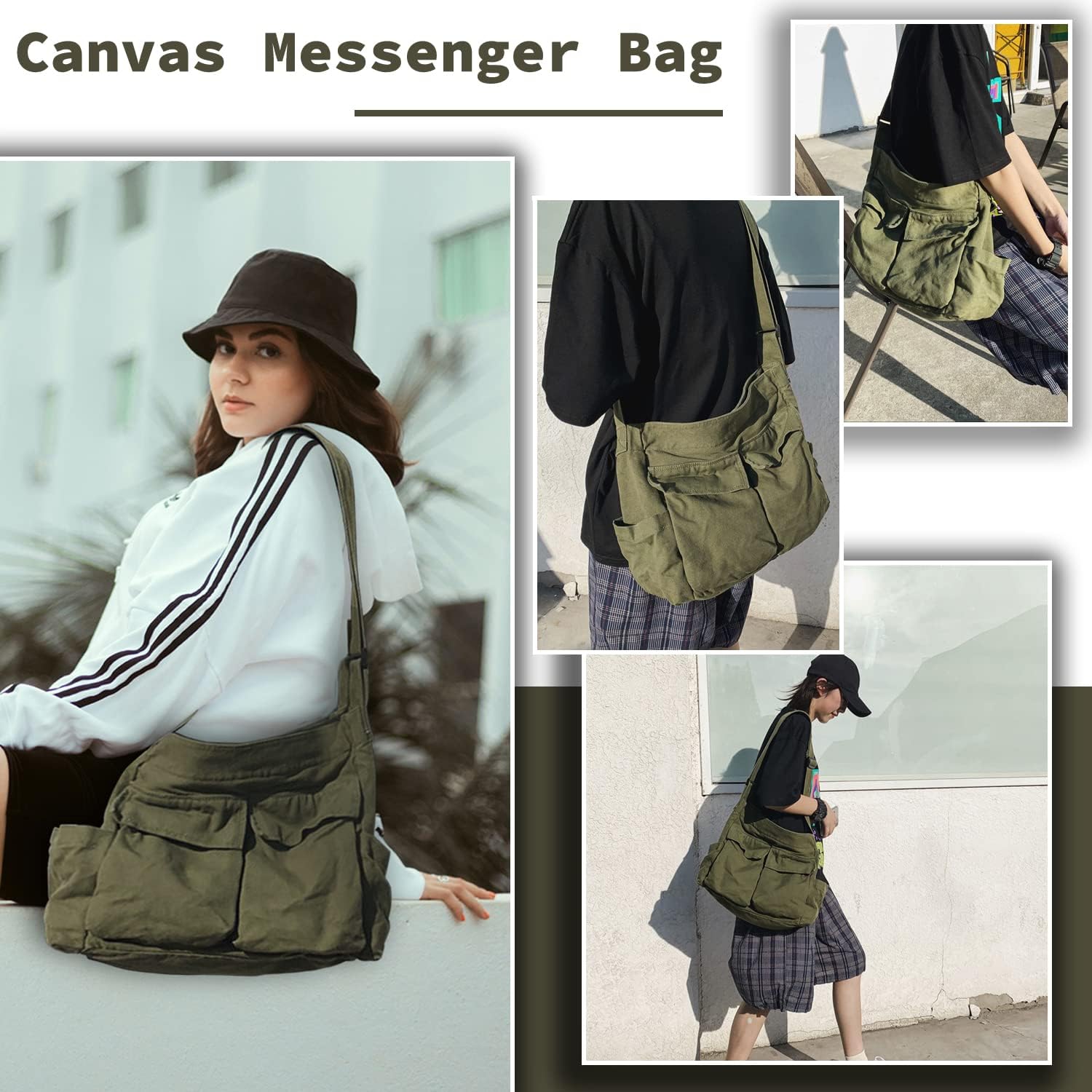 Canvas Messenger Bag Large Hobo Crossbody Bag with Multiple Pockets Casual Shoulder Tote Bag for Women and Men - Image 2