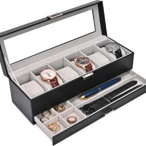 ProCase Watch Box for Men, 6 Slot Watch Display Case with Drawer, Mens Watch Case With Glass Lid, 2-Layer Jewelry and Watch Storage Watch Holder Organizer for Men Women -6 Slot, Black ProCase Watch Box for Men, 6 Slot Watch Display Case with Drawer, Mens Watch Case With Glass Lid, 2-Layer Jewelry and Watch Storage Watch Holder Organizer for Men Women -6 Slot, Black
