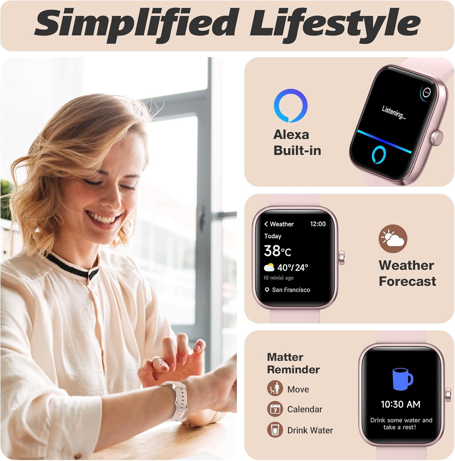 Smart Watch for Men Women 1.8" Fitness Tracker, Bluetooth Call, DIY Dial, Heart Rate Sleep Blood Oxygen Monitor, 100+ Sports Modes, IP68 Waterproof Smartwatch for Android iPhone, Alexa Built-in - Image 3