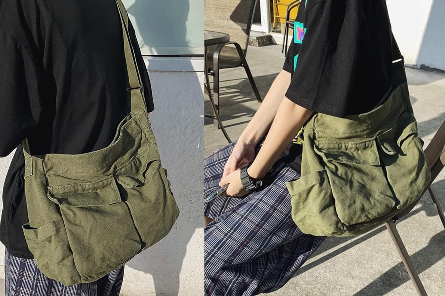 Messenger Bag, Large Hobo Crossbody Bag with Multiple Pockets Canvas Shoulder Tote Bag for Women and Men - Image 5