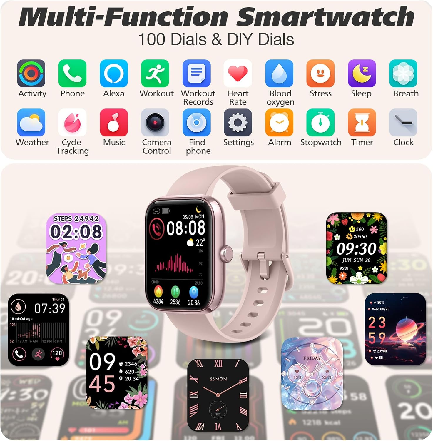 Smart Watch for Men Women 1.8" Fitness Tracker, Bluetooth Call, DIY Dial, Heart Rate Sleep Blood Oxygen Monitor, 100+ Sports Modes, IP68 Waterproof Smartwatch for Android iPhone, Alexa Built-in - Image 7