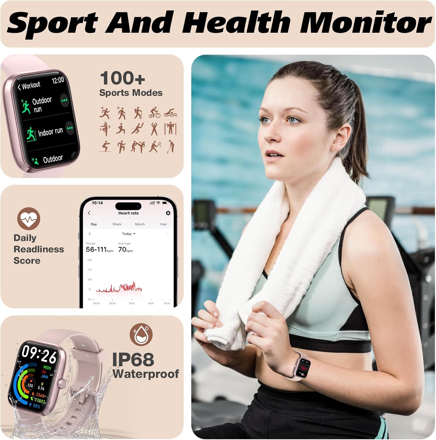 Smart Watch for Men Women 1.8" Fitness Tracker, Bluetooth Call, DIY Dial, Heart Rate Sleep Blood Oxygen Monitor, 100+ Sports Modes, IP68 Waterproof Smartwatch for Android iPhone, Alexa Built-in - Image 5