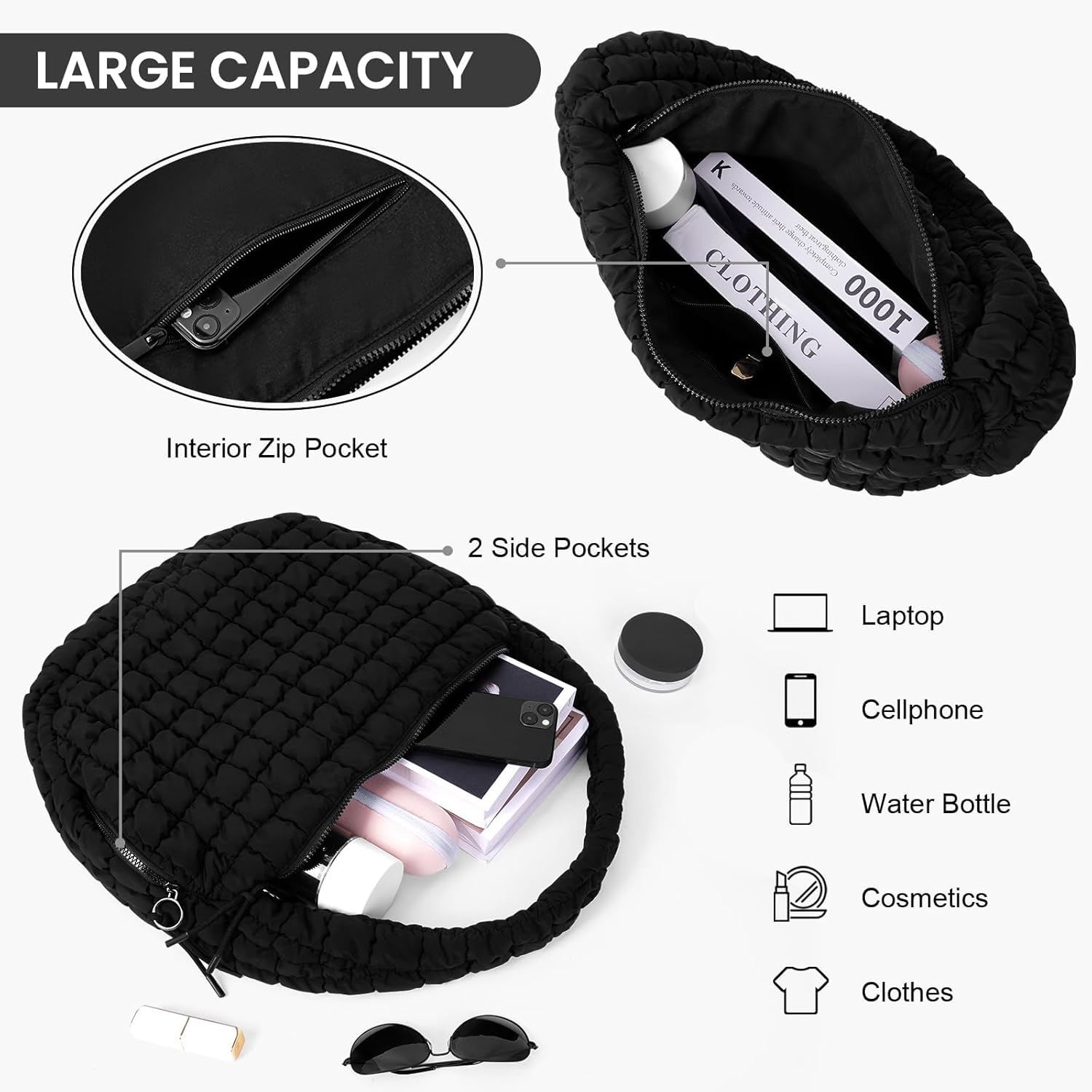 VOSTEVAS Quilted Tote Bag for Women Puffer Shoulder Bag with Zip Large Lightweight Padding Hobo Purse Beach Handbag - Image 3