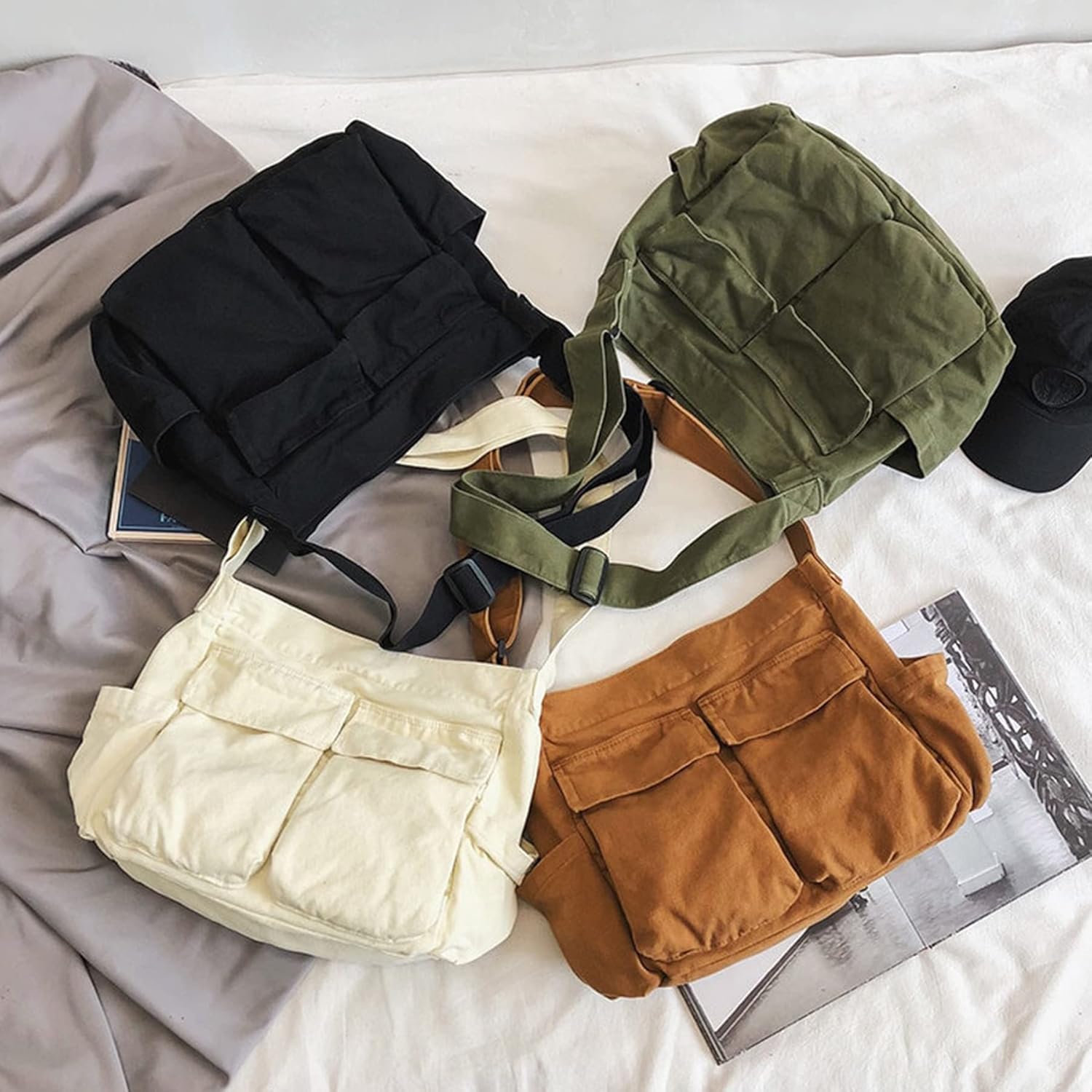 Messenger Bag, Large Hobo Crossbody Bag with Multiple Pockets Canvas Shoulder Tote Bag for Women and Men - Image 4