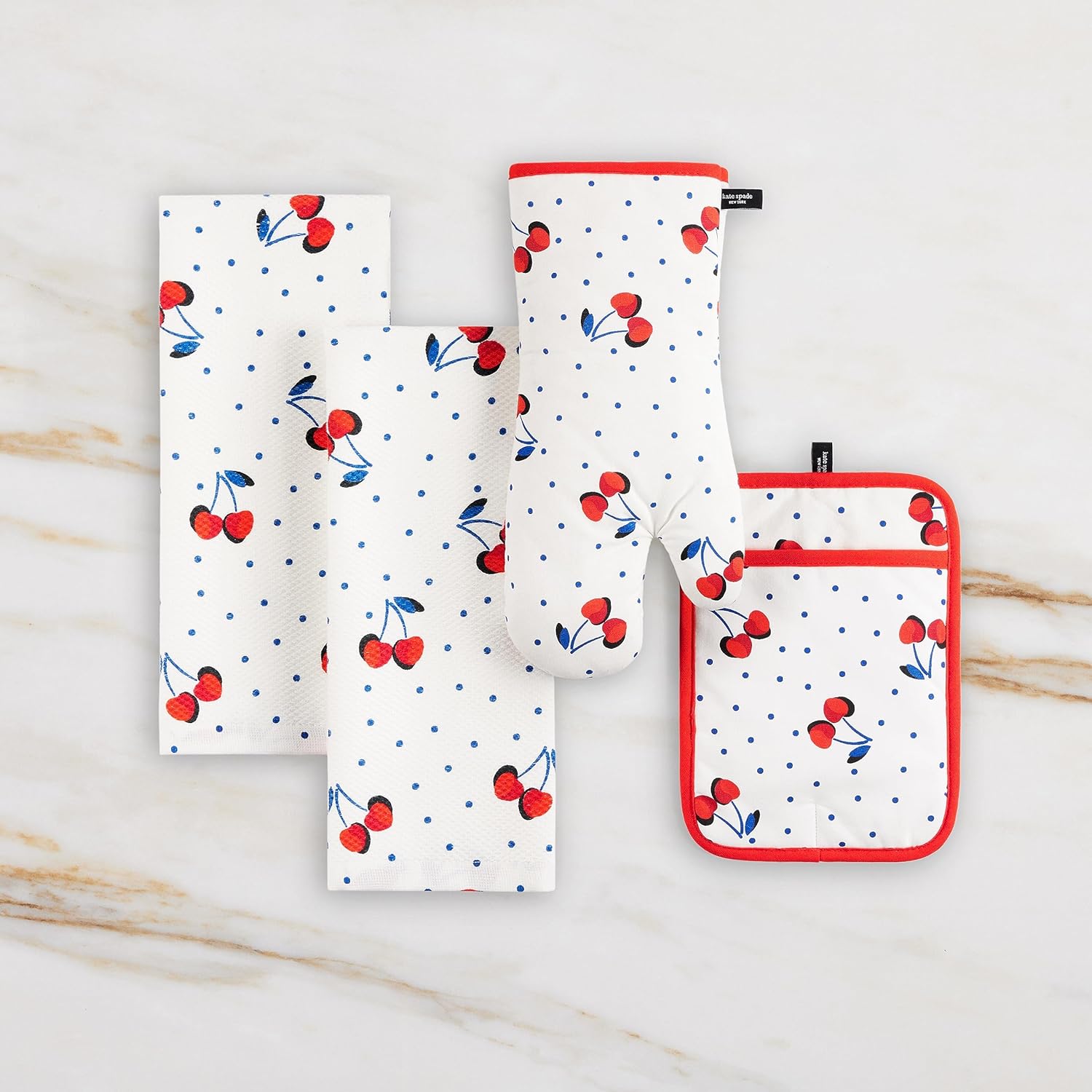 Kate Spade New York Cherry Dot Kitchen Towel, Oven Mitt & Pot Holder 4-Pack Set, 17 x 28, 7 x 13, 7 x 10, White/Red/Blue - Image 3