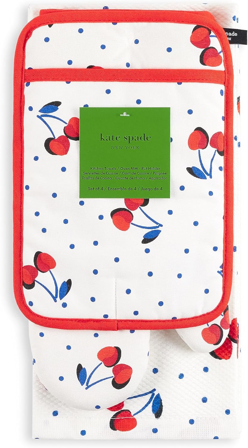 Kate Spade New York Cherry Dot Kitchen Towel, Oven Mitt & Pot Holder 4-Pack Set, 17 x 28, 7 x 13, 7 x 10, White/Red/Blue - Image 4