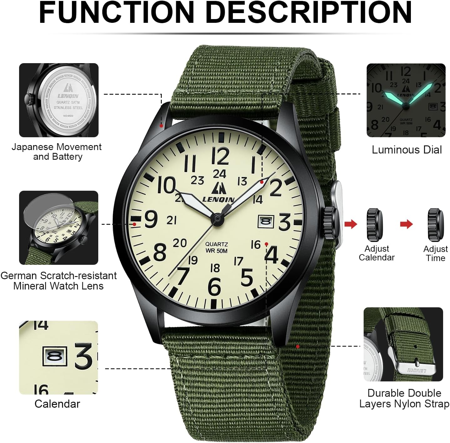 Mens Watches Military Watch Field Watch Analog Quartz Watches for Men Waterproof Wrist Watches with Date Nylon Band Army Tactical Sports Watch - Image 7