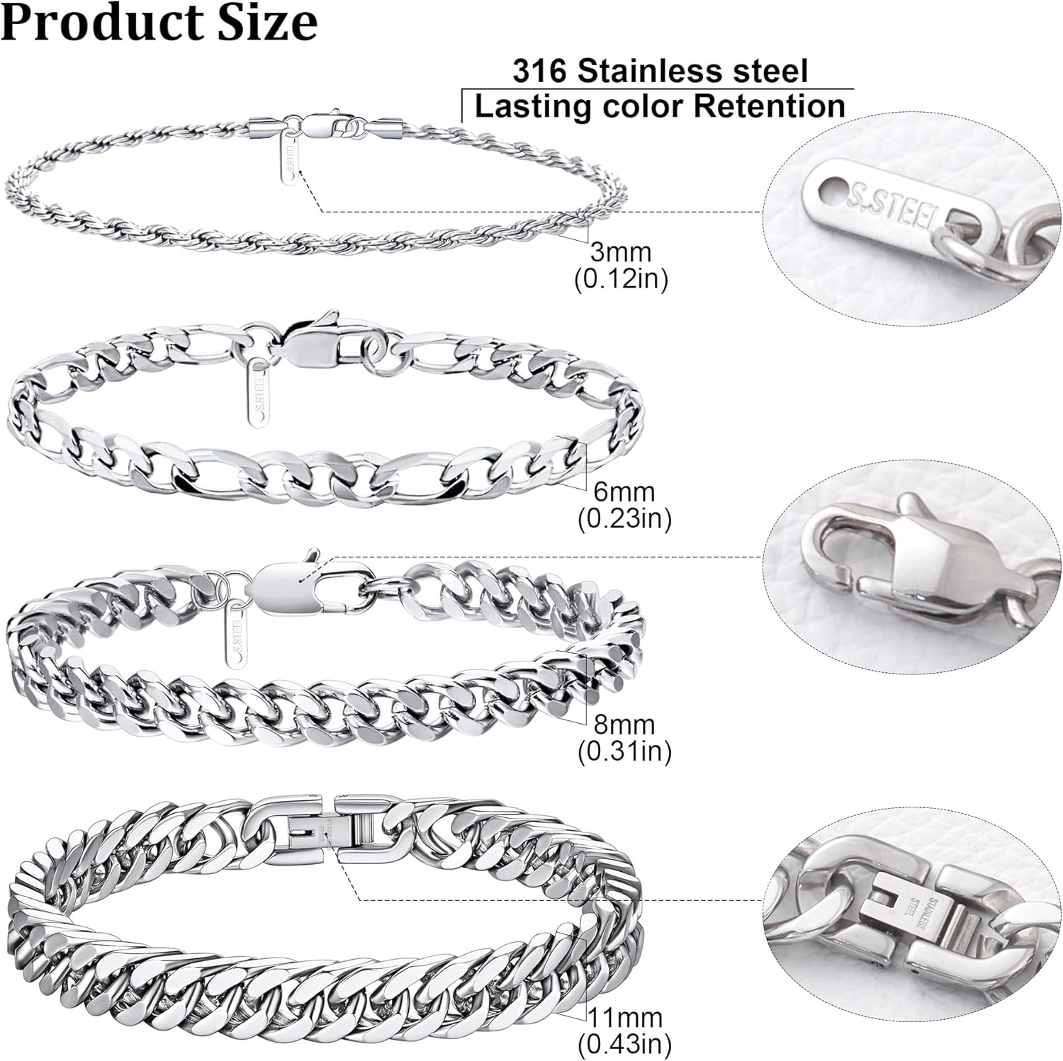 Ritach Stainless Steel Cuban Chain Bracelet for Men Women Curb Width Chain Bracelets Set 3/6/8/11mm Width, 7.5/8/8.5inch Men Jewelry Gifts - Image 2