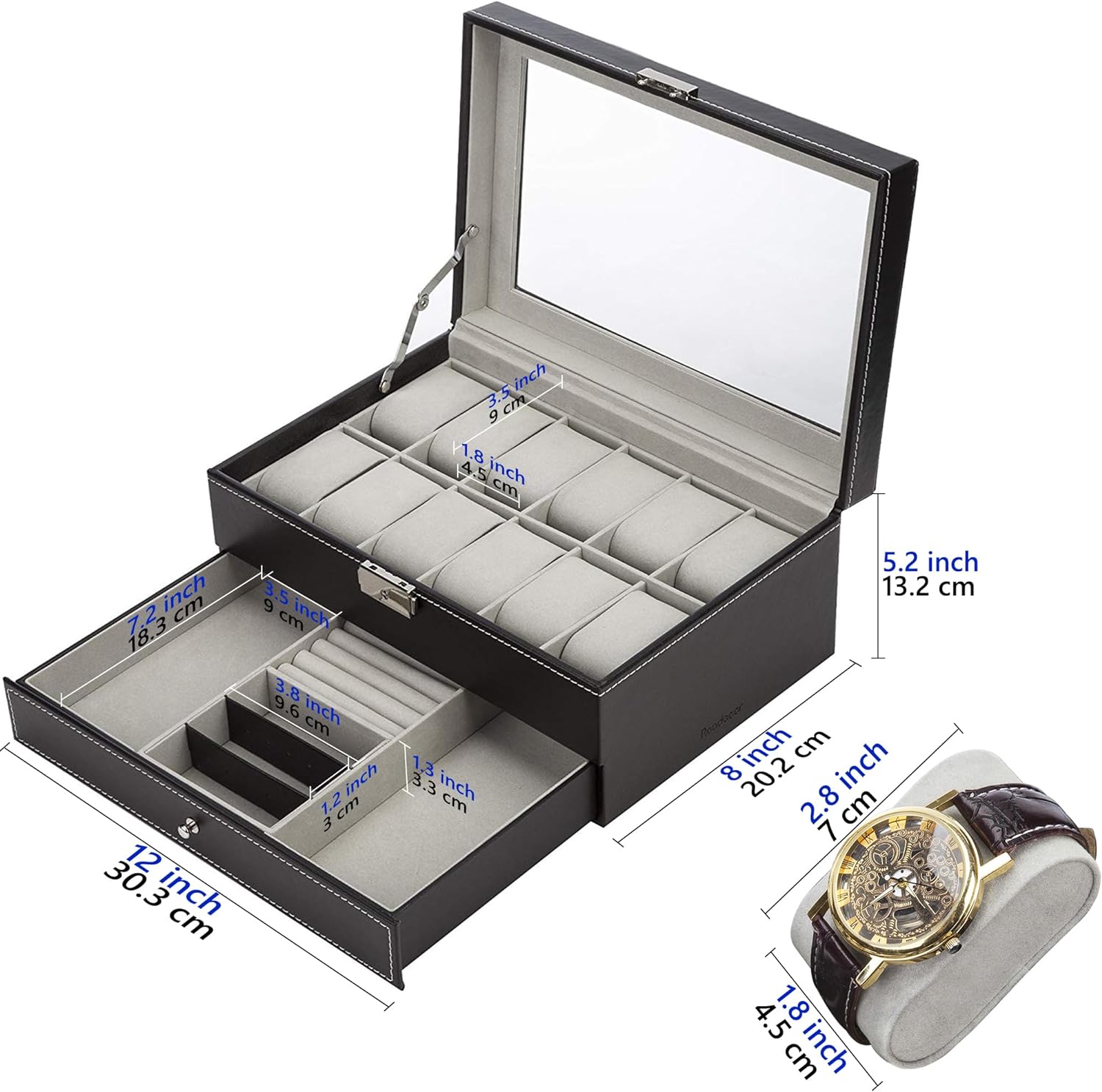Readaeer Black Leather Watch Box Jewelry Display Case with Drawer, Jewelry Box for Men & Women (12 Slots with 2 Layers) - Image 5