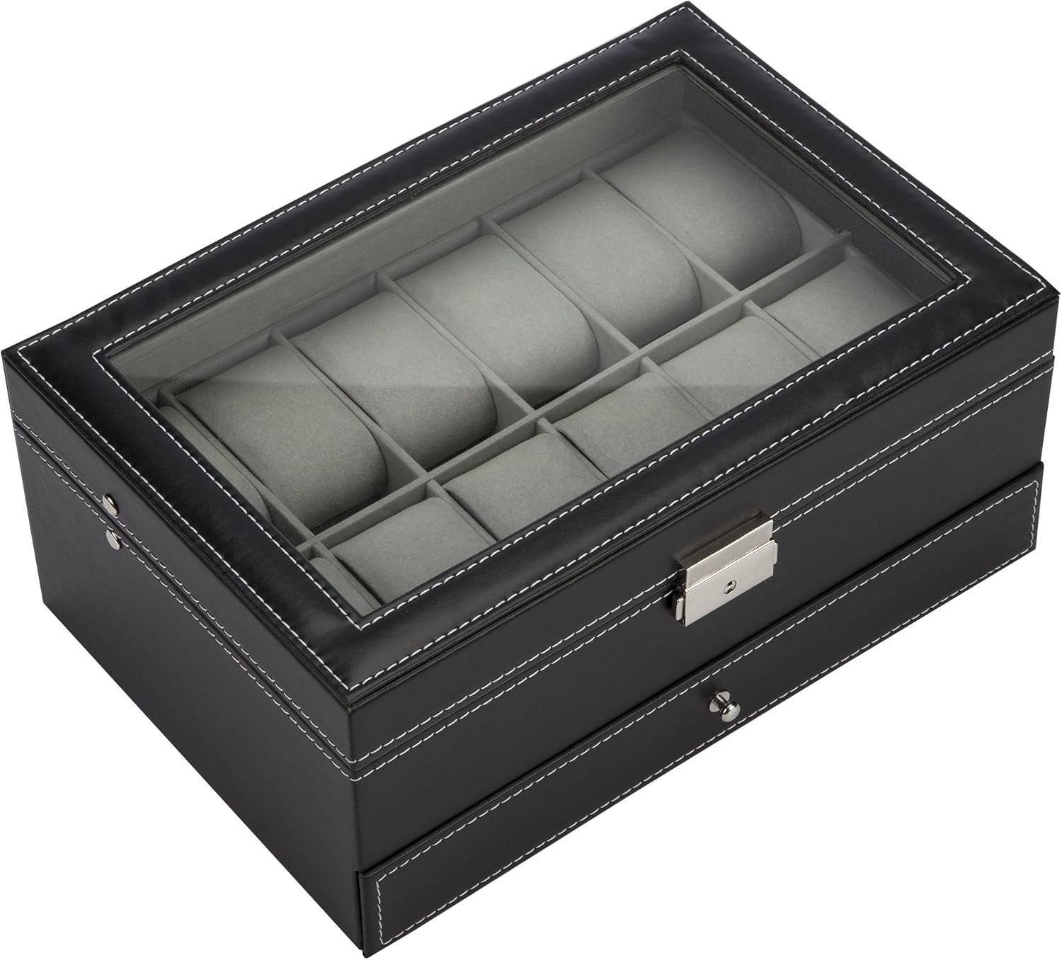 Readaeer Black Leather Watch Box Jewelry Display Case with Drawer, Jewelry Box for Men & Women (12 Slots with 2 Layers) - Image 4