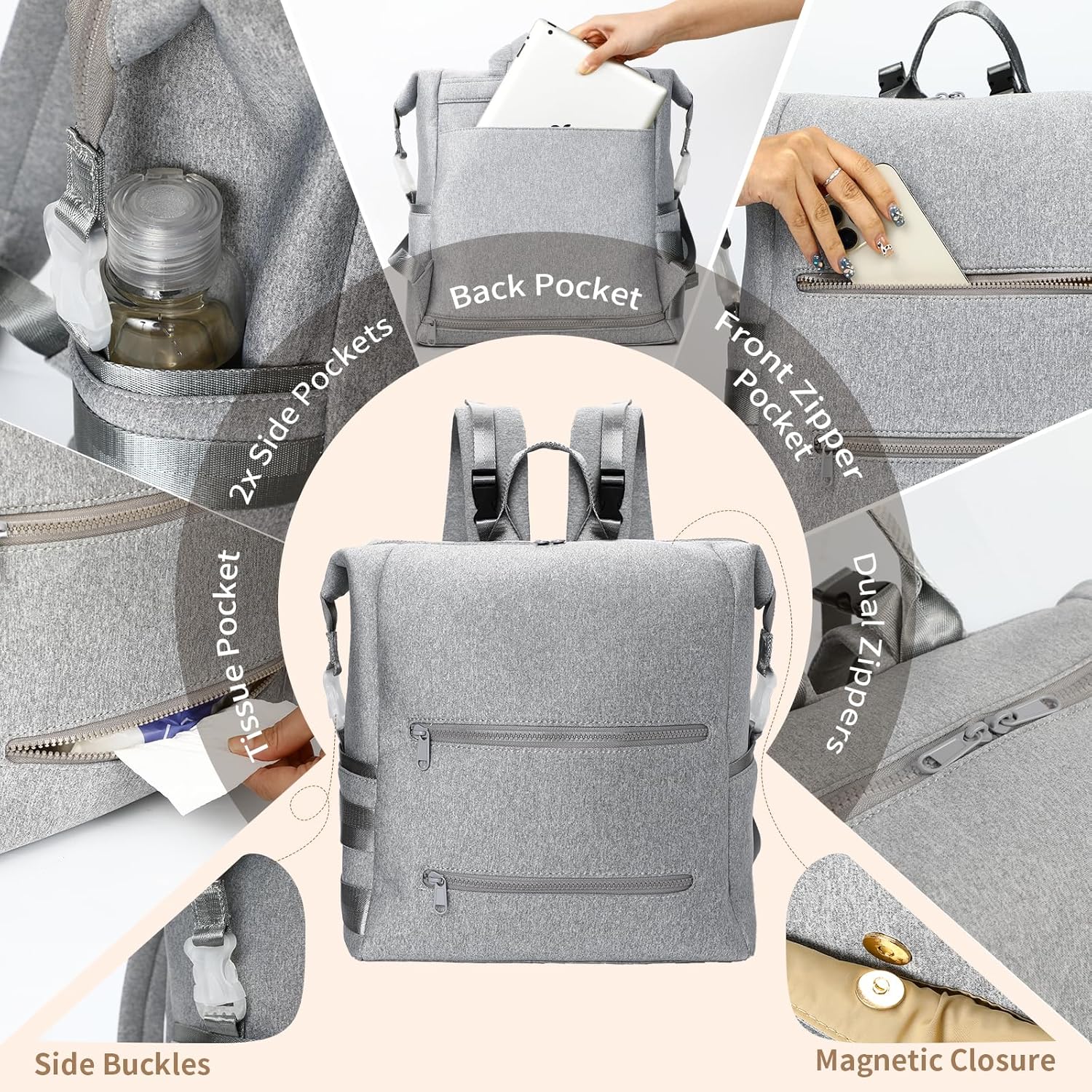 Omanmoli Diaper Bag Backpack,Large Neoprene Baby Bag for Boys Girls with 15 Diaper Bag Organizer,2 Insulated Pockets,Changing Pad,Stroller Straps,Gray - Image 4