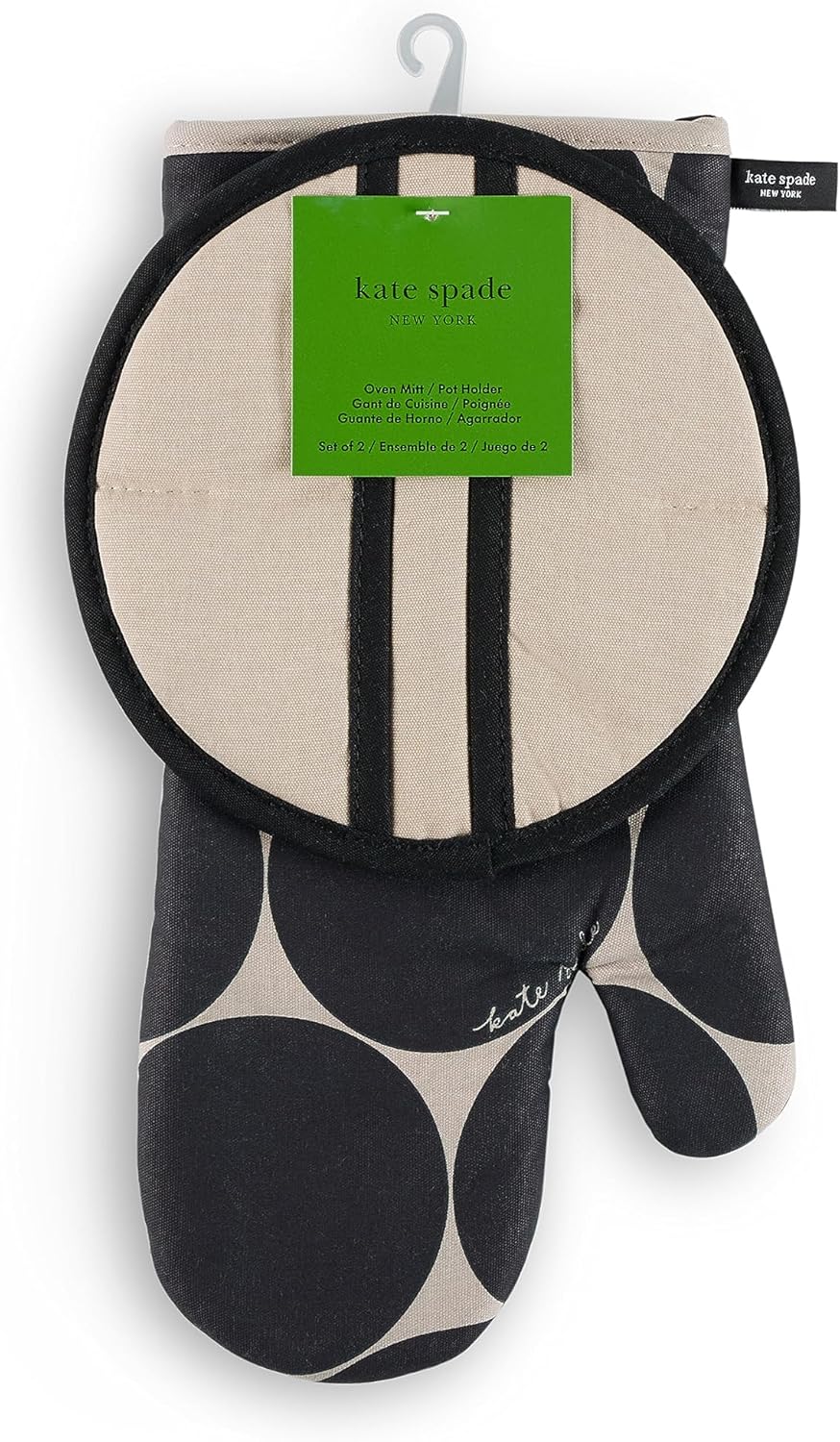 Kate Spade New York Joy Dot Oven Mitt & Pot Grabber 2-Pack Set, 7" x 13", 8" Round, Black/Beige - Image 7