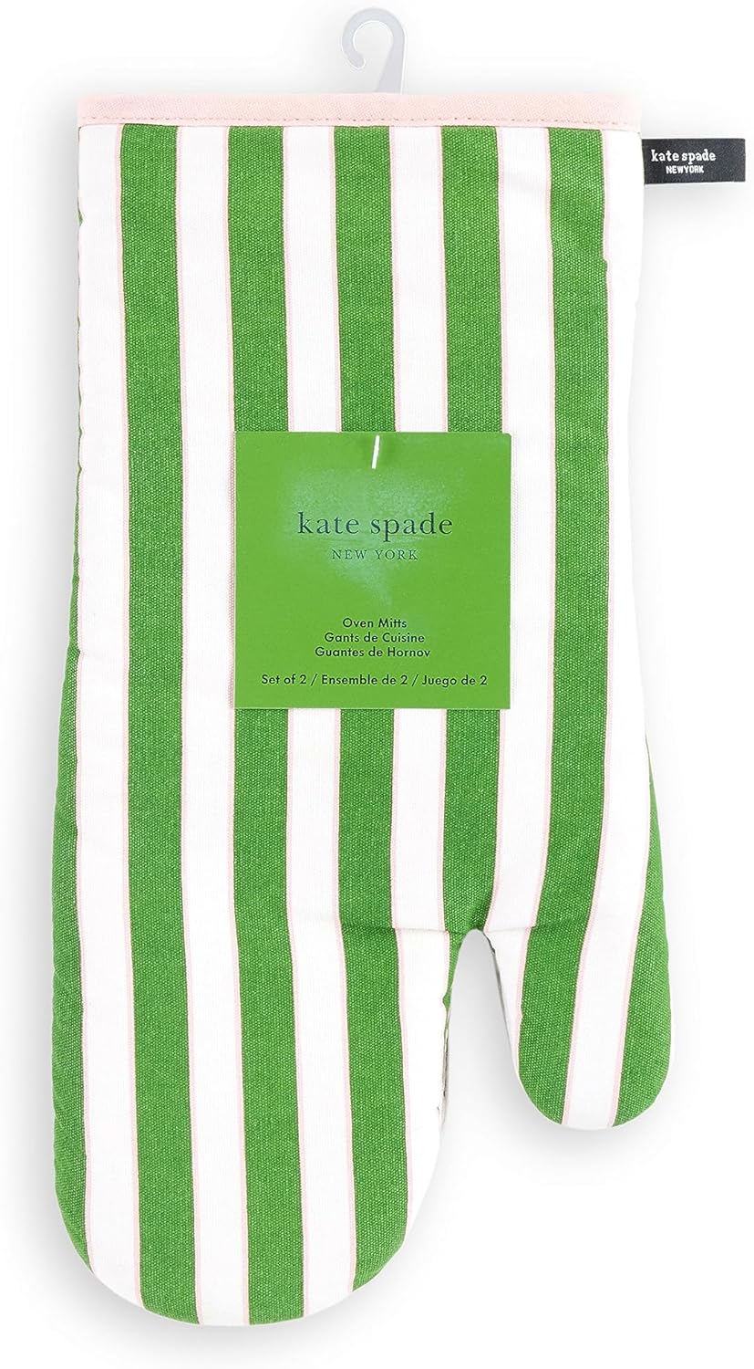 Kate Spade New York Botanical Stripe Oven Mitt 2-Pack Set, 7" x 13", Green/Pink - Image 4
