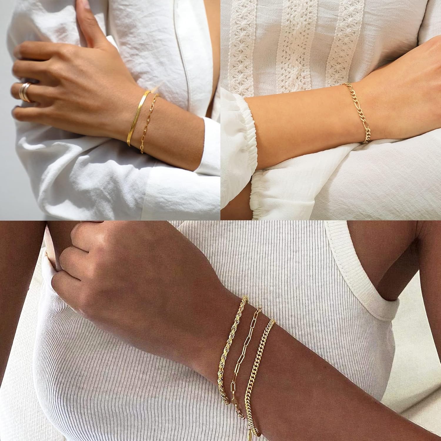 Gold Bracelets for Women Waterproof, 14K Real Gold Jewelry Sets for Women Trendy Thin Dainty Stackable Cuban Link Paperclip Chain Bracelet Pack Fashion Accessories Gifts for Womens - Image 3