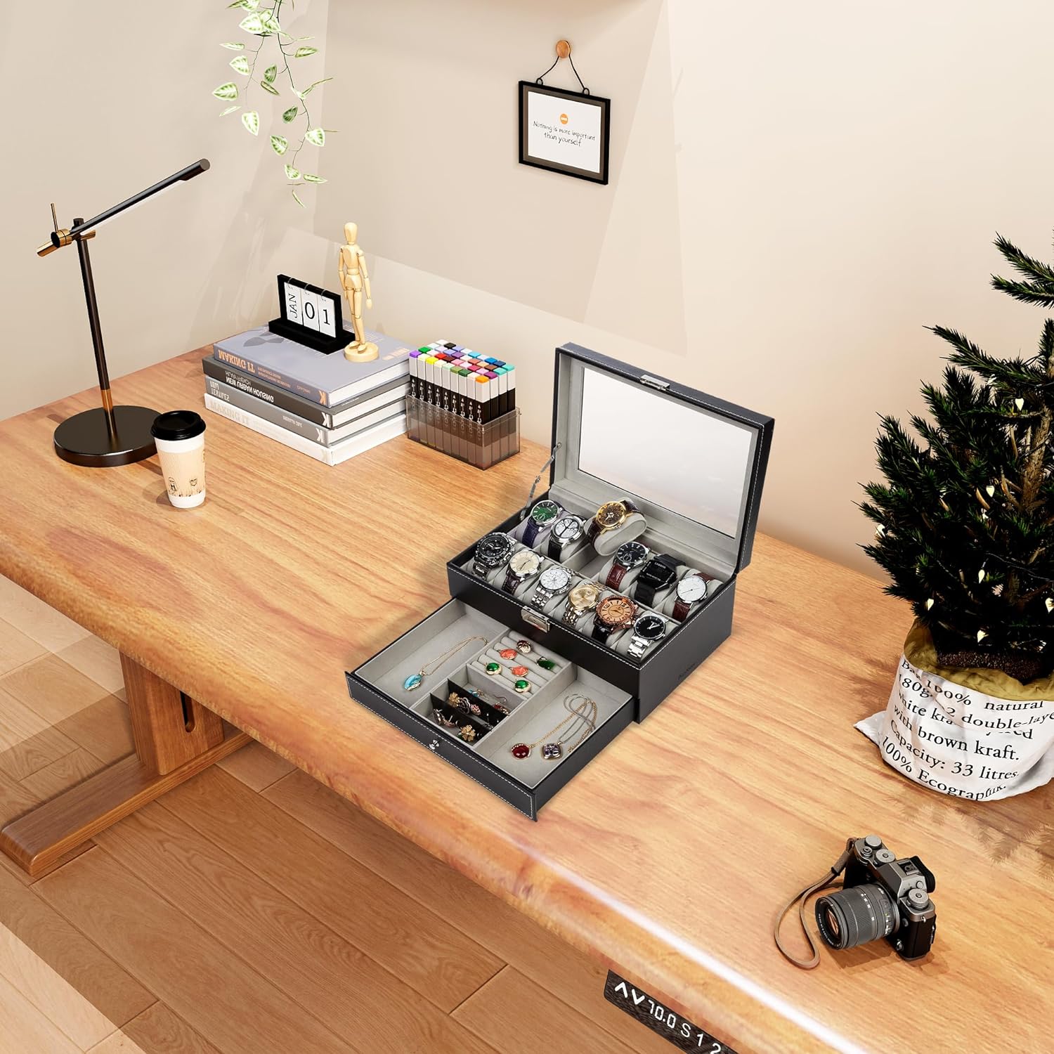 Readaeer Black Leather Watch Box Jewelry Display Case with Drawer, Jewelry Box for Men & Women (12 Slots with 2 Layers) - Image 2