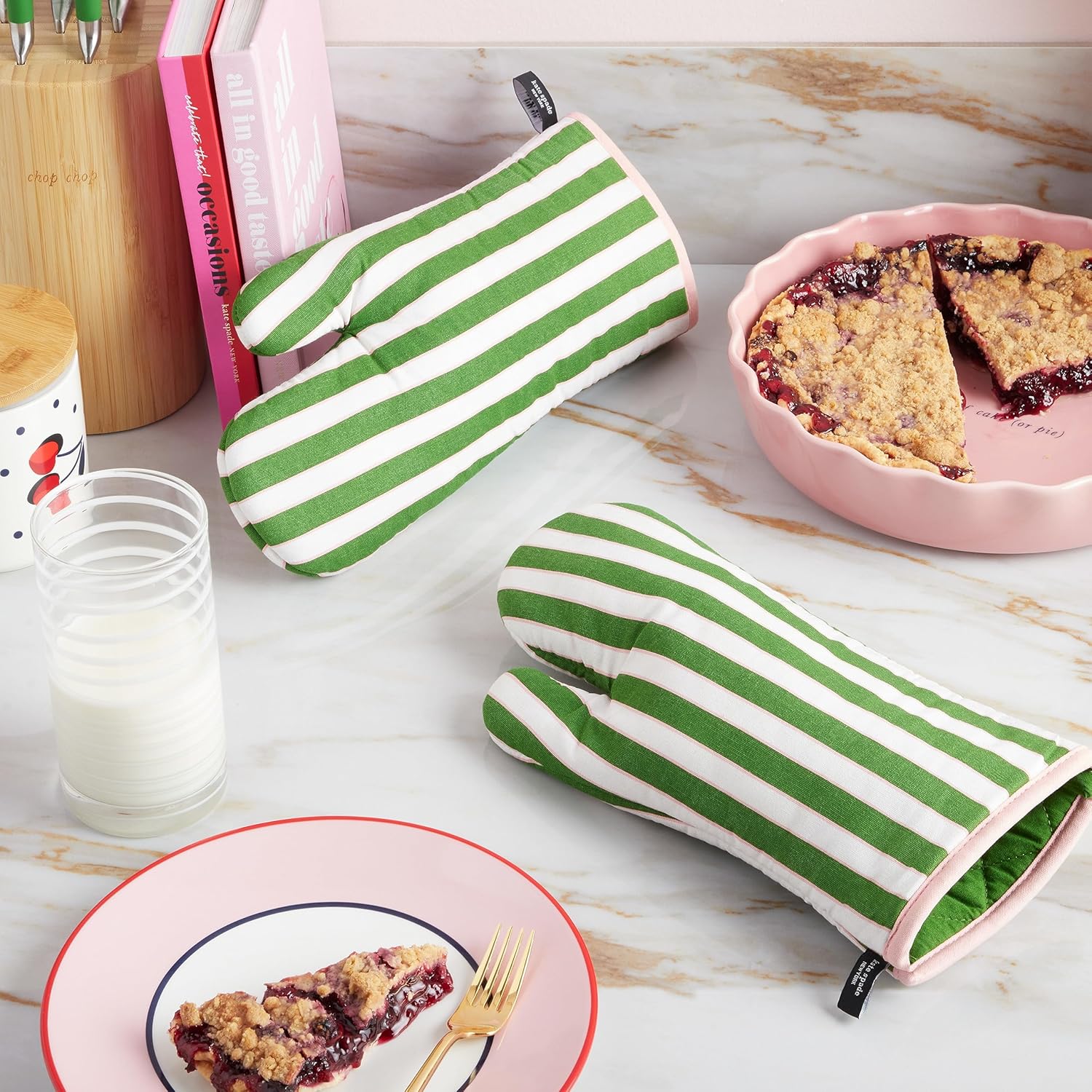 Kate Spade New York Botanical Stripe Oven Mitt 2-Pack Set, 7" x 13", Green/Pink - Image 2