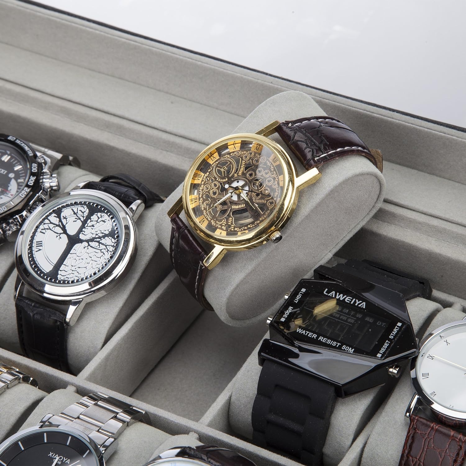 Readaeer Black Leather Watch Box Jewelry Display Case with Drawer, Jewelry Box for Men & Women (12 Slots with 2 Layers) - Image 3