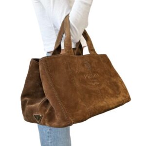 PRADA Vintage Big Logo Canapa Tote Bag Brown Gold Suede Stitch Snap Button