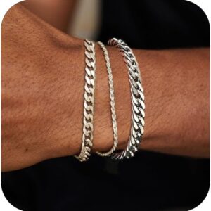 JEMARA 3 Pcs Mens Silver Bracelets, Sturdy Curb Stainless Steel Width Snake Rope Figaro Cuban Chain Bracelet Set 7/7.8+2inch Adjustable Stack Silver Chain Bracelet for Men