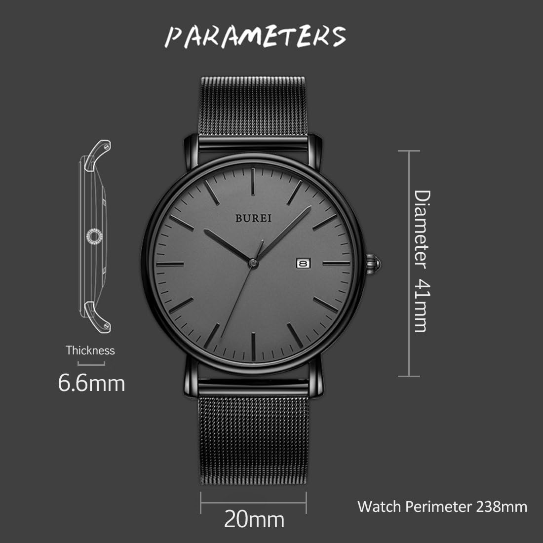 BUREI Men's Fashion Minimalist Wrist Watch Analog Date with Stainless Steel Mesh Band - Image 2