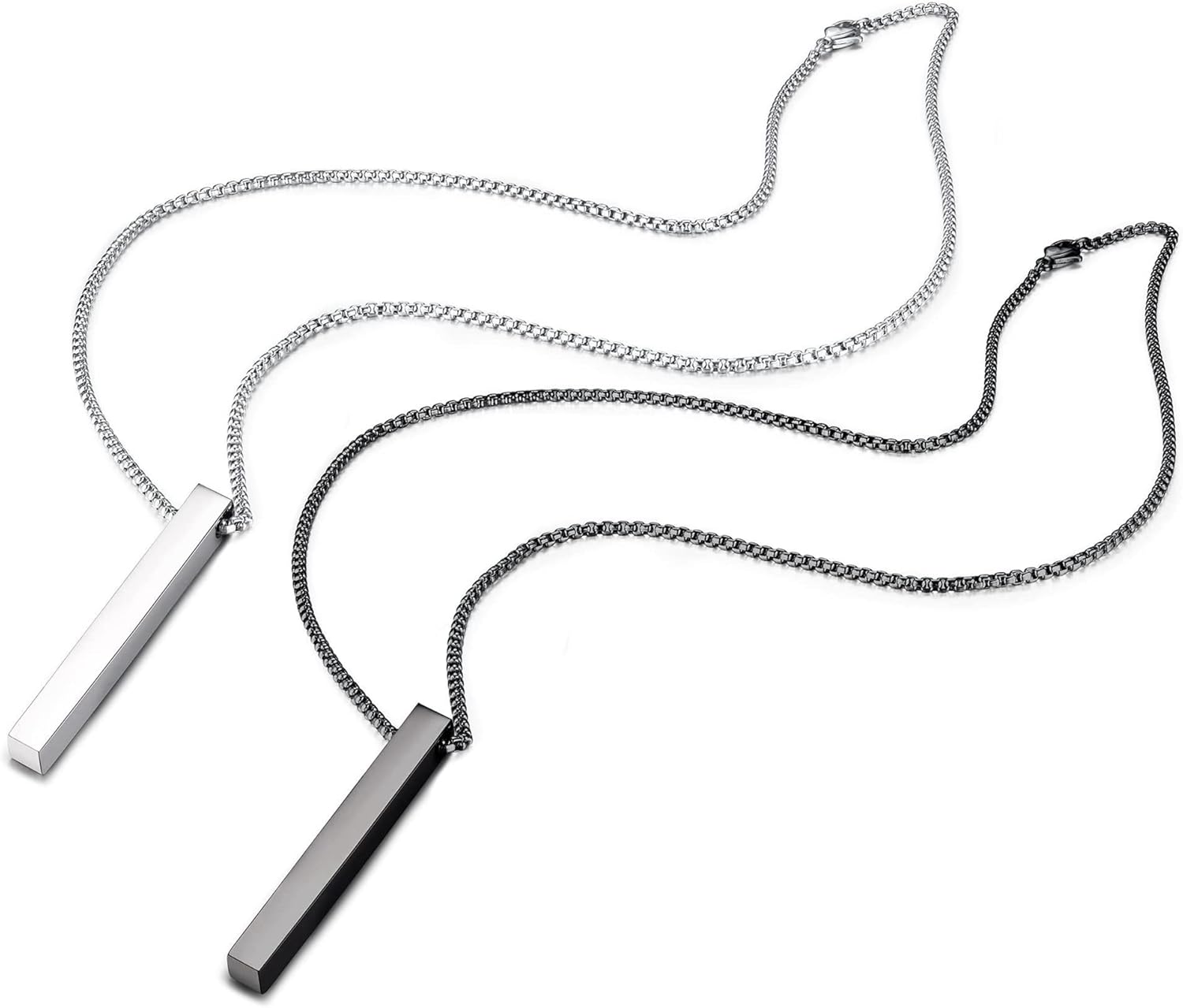 SAILIMUE 2Pcs Stainless Steel Bar Pendant Necklace for Men Women Couples Necklaces Cuboid Silver/Black CZ Bar Pendant with 22 Inches Chain Necklace Unisex - Image 6