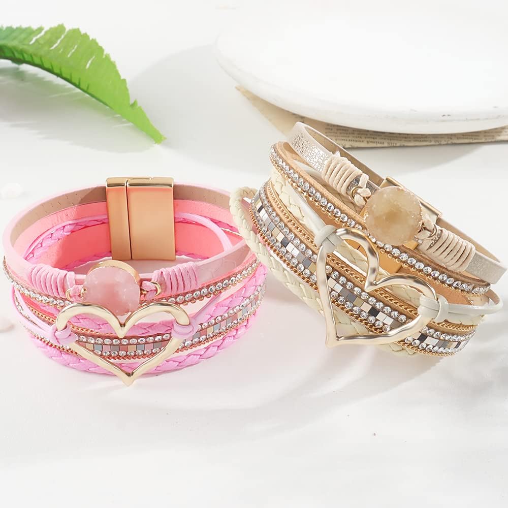 Leather Wrap Bracelets for Women Trendy Stackable Boho Cuff Bangles Heart Layered Bracelets Jewelry Gifts Stocking Stuffers - Image 8