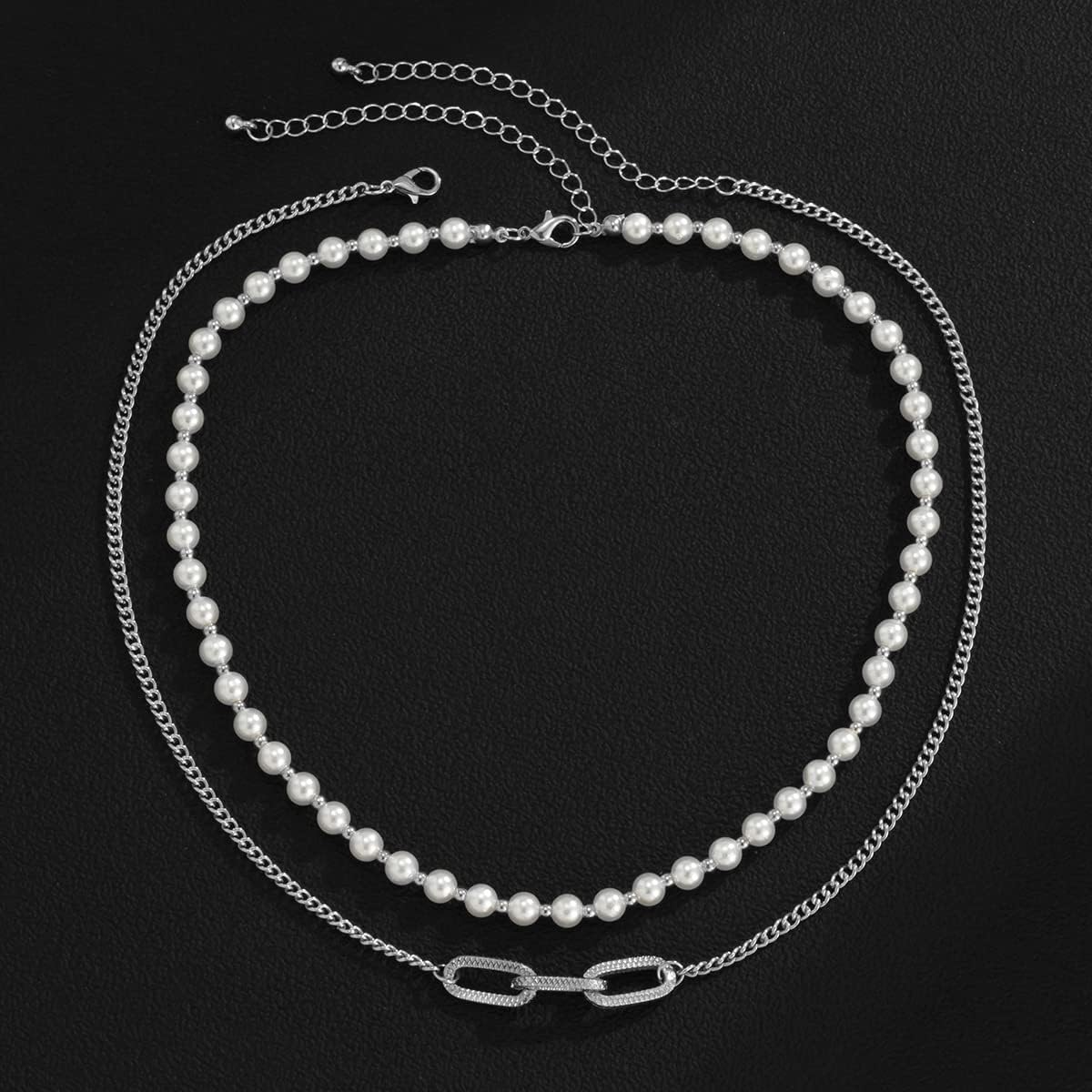 Pearl Necklace Men Silver Chain Necklace Faux Pearl Necklace Mens Pearl Necklace Layered Cuban Link Necklace Christmas Jewelry Gifts for Him - Image 6