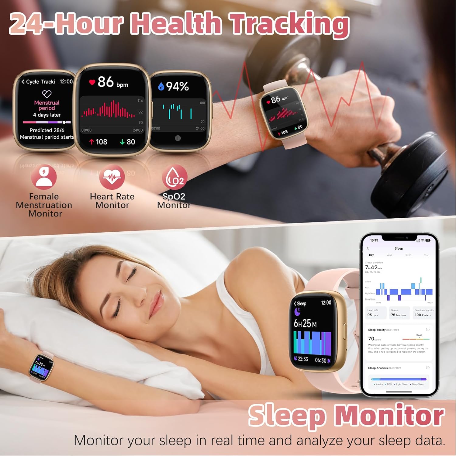 MILOUZ Smart Watch for Men Women(Answer/Make Calls),Alexa Built-in,1.83" HD Touch Screen Fitness Watch, Heart Rate/SpO2/Sleep Monitor IP68 Waterproof 100 Sports Modes Smartwatch for Android iOS (Pink) - Image 4