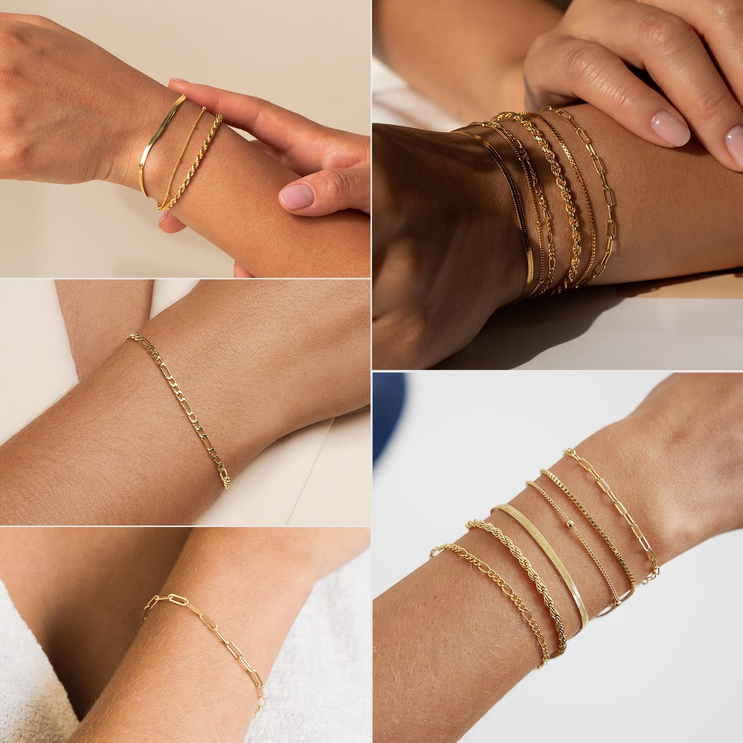 LEXODY Gold Bracelets for Women 14K Gold Herringbone Bracelets Sets Dainty Herringbone Jewelry Stackable Figaro Chain Paperclip Link Chain Cute Anklet Bracelet Pack Gifts for Women Girls - Image 4