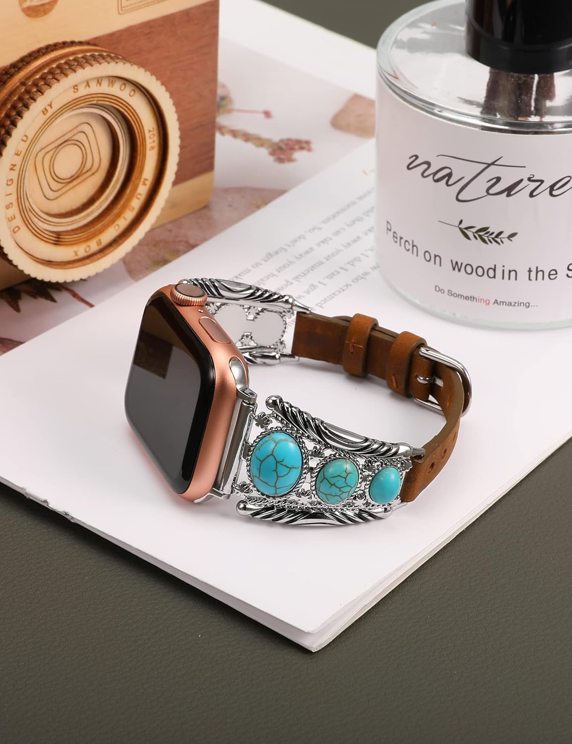 TOYOUTHS Boho Leather Bracelet Compatible with Apple Watch Band 38/40/41/42mm Women Vintage Turquoise Bohemian Stone Jewelry Designer Strap Wristband for iWatch Series 10/9/8/7/SE/6/5/4/3/2/1, Brown - Image 3
