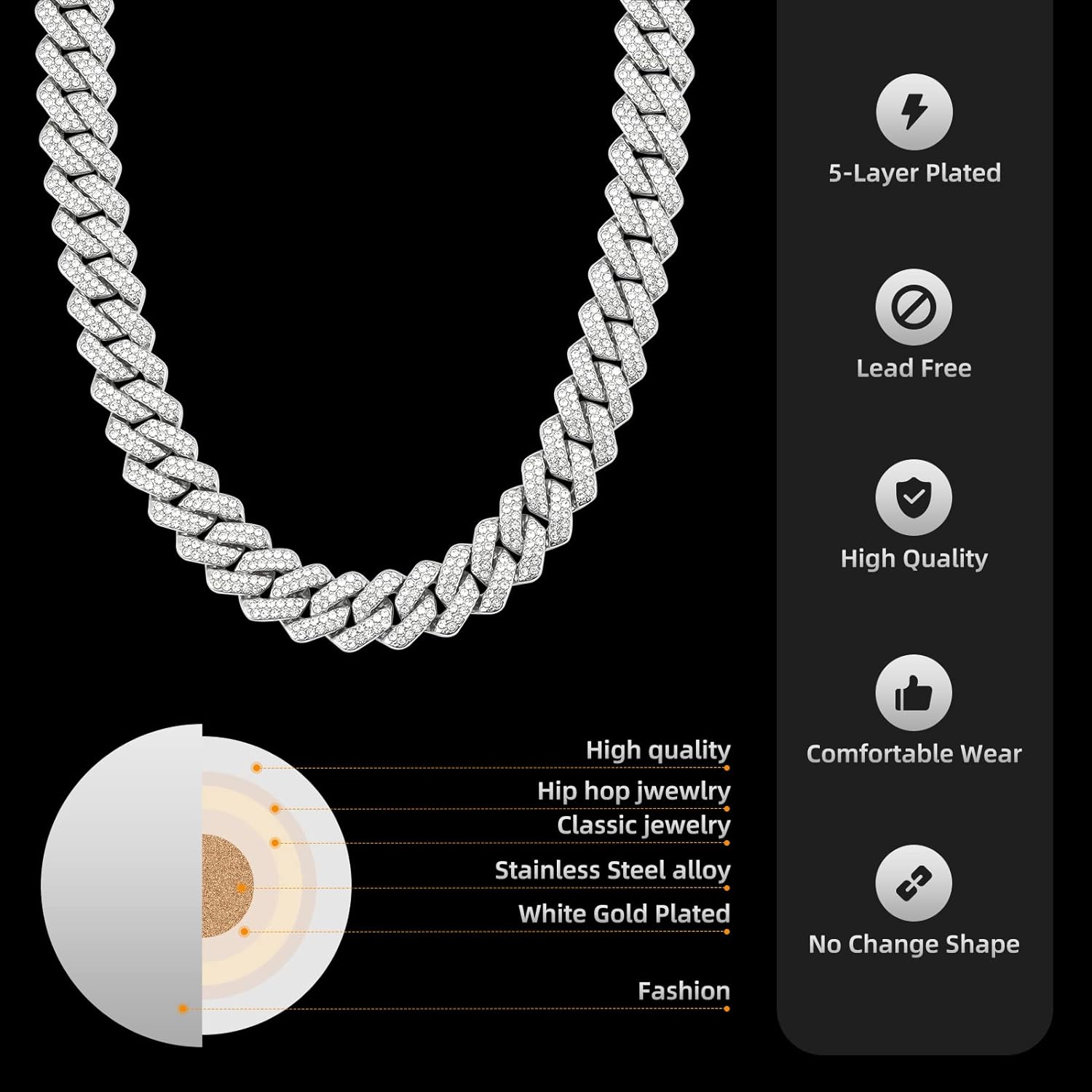 Mens Cuban Link Chain Miami Cuban Necklace 18K Gold Silver Chain Diamond Cut Chains For Men Women 14mm Iced Out Hip Hop Jewelry - Image 3