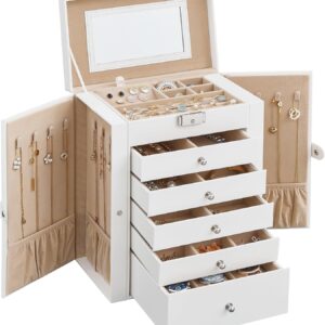SONGMICS 6 Tier Jewelry Box, Jewelry Case with 5 Drawers, Large Storage Capacity, with Mirror, Lockable, Jewelry Storage Organizer, Gift for Loved Ones, For Watches, White UJBC152W01 SONGMICS 6 Tier Jewelry Box, Jewelry Case with 5 Drawers, Large Storage Capacity, with Mirror, Lockable, Jewelry Storage Organizer, Gift for Loved Ones, For Watches, White UJBC152W01