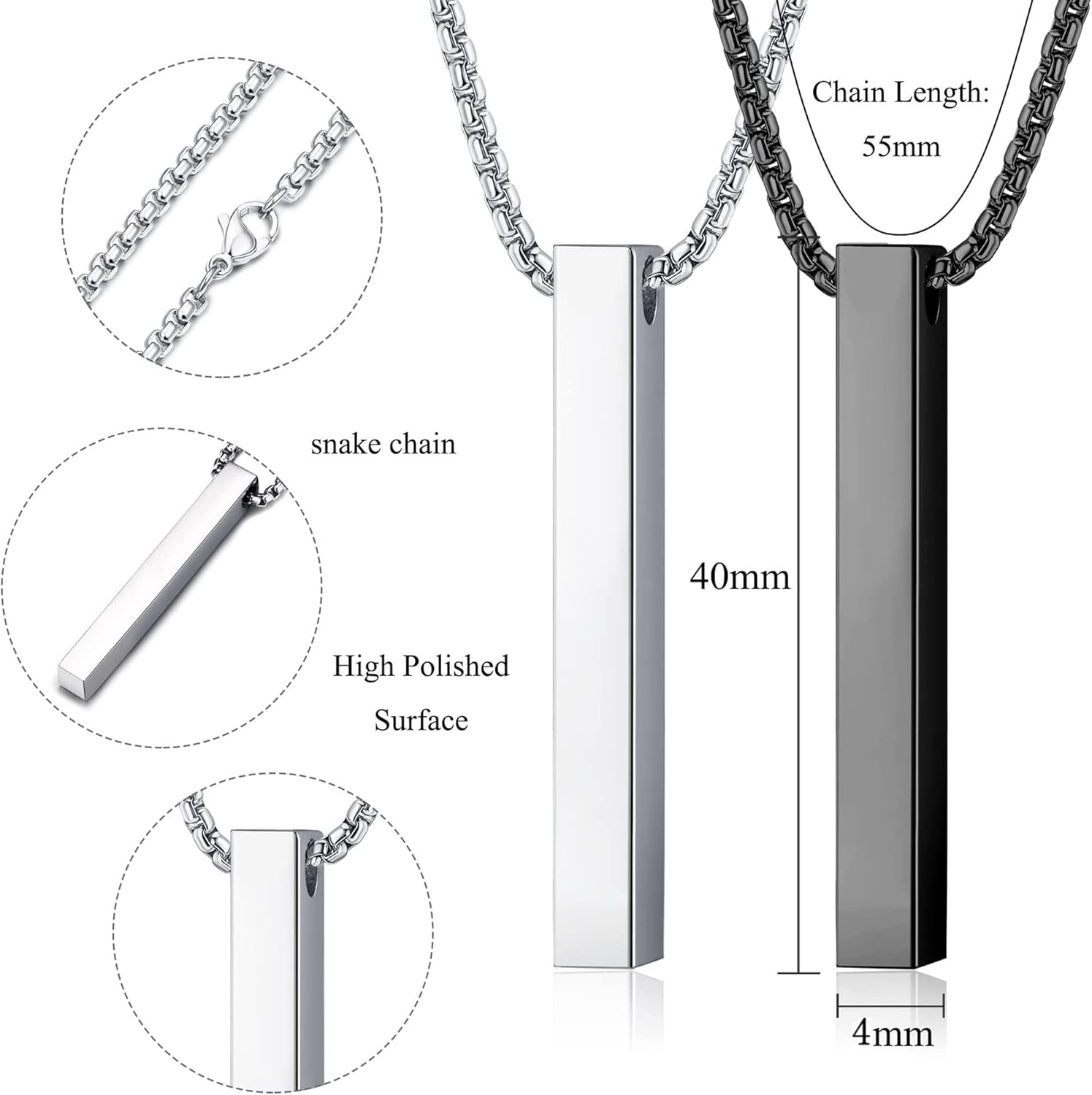 SAILIMUE 2Pcs Stainless Steel Bar Pendant Necklace for Men Women Couples Necklaces Cuboid Silver/Black CZ Bar Pendant with 22 Inches Chain Necklace Unisex - Image 2