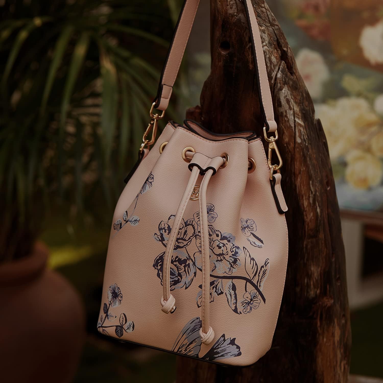 VICTORIA HYDE Bucket Bag Ladies Tote Bag for Women 2-Ways Shoulder Bag Drawstring Backpack with Flowers Printing - Image 7