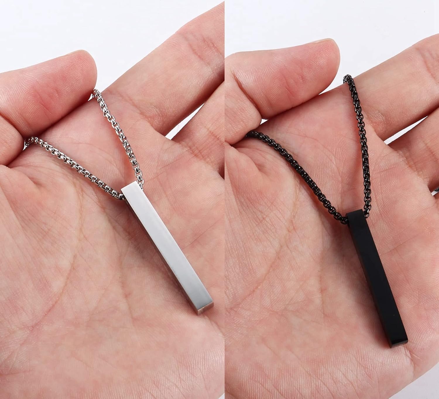 SAILIMUE 2Pcs Stainless Steel Bar Pendant Necklace for Men Women Couples Necklaces Cuboid Silver/Black CZ Bar Pendant with 22 Inches Chain Necklace Unisex - Image 7