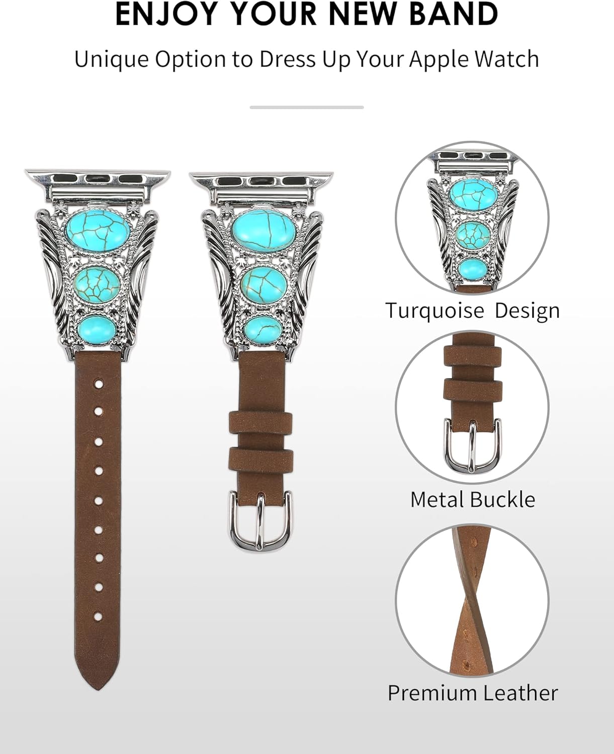 TOYOUTHS Boho Leather Bracelet Compatible with Apple Watch Band 38/40/41/42mm Women Vintage Turquoise Bohemian Stone Jewelry Designer Strap Wristband for iWatch Series 10/9/8/7/SE/6/5/4/3/2/1, Brown - Image 2