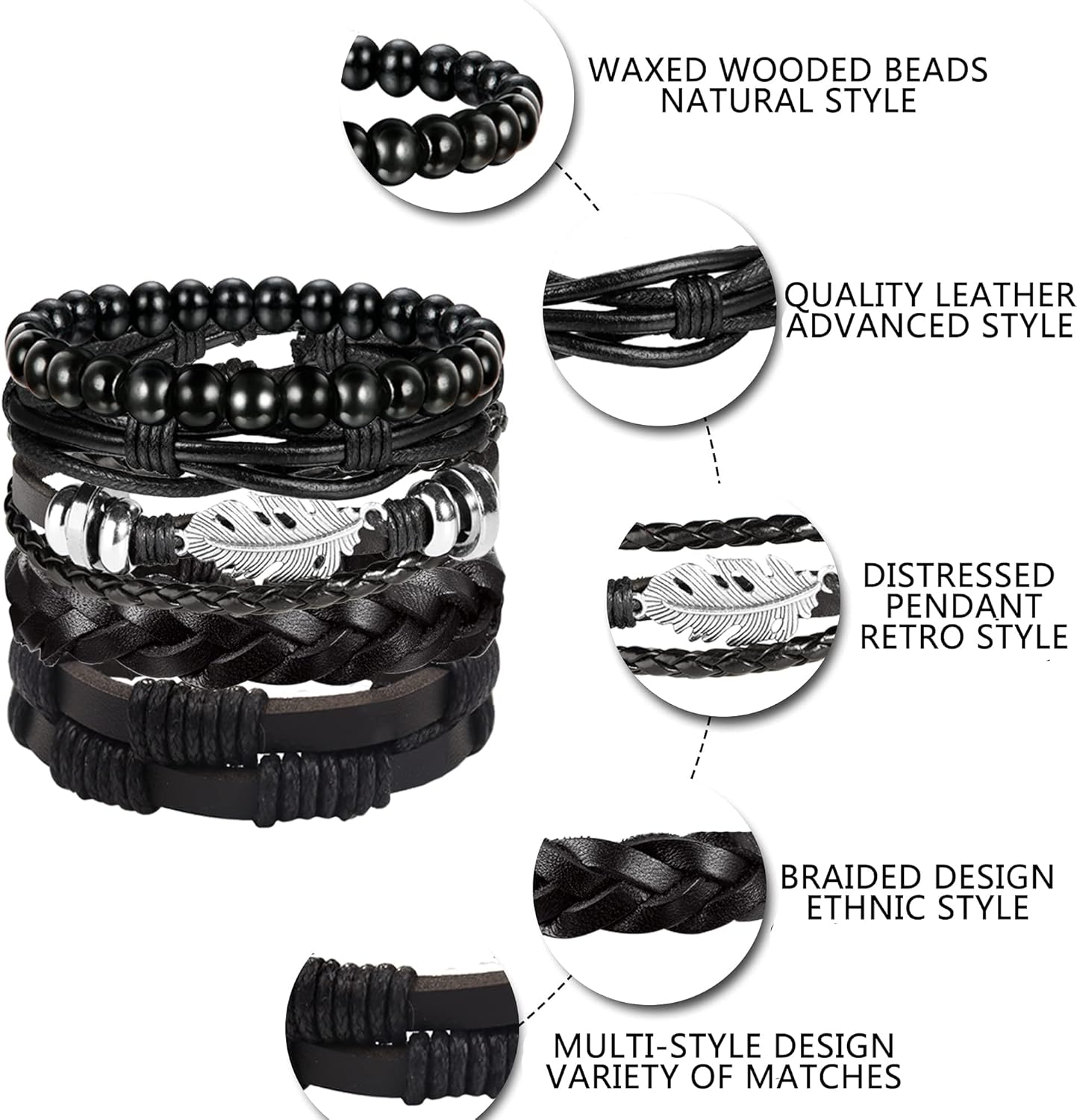 FUNRUN JEWELRY 29 Pcs Black Leather Bracelet Set for Men Women Cross Feather Charm Wide Wristband Brown Wood Wooden Beads Braided Woven Ethnic Tribal Bangle Set Adjustable Woven Cuff Bracelets - Image 2