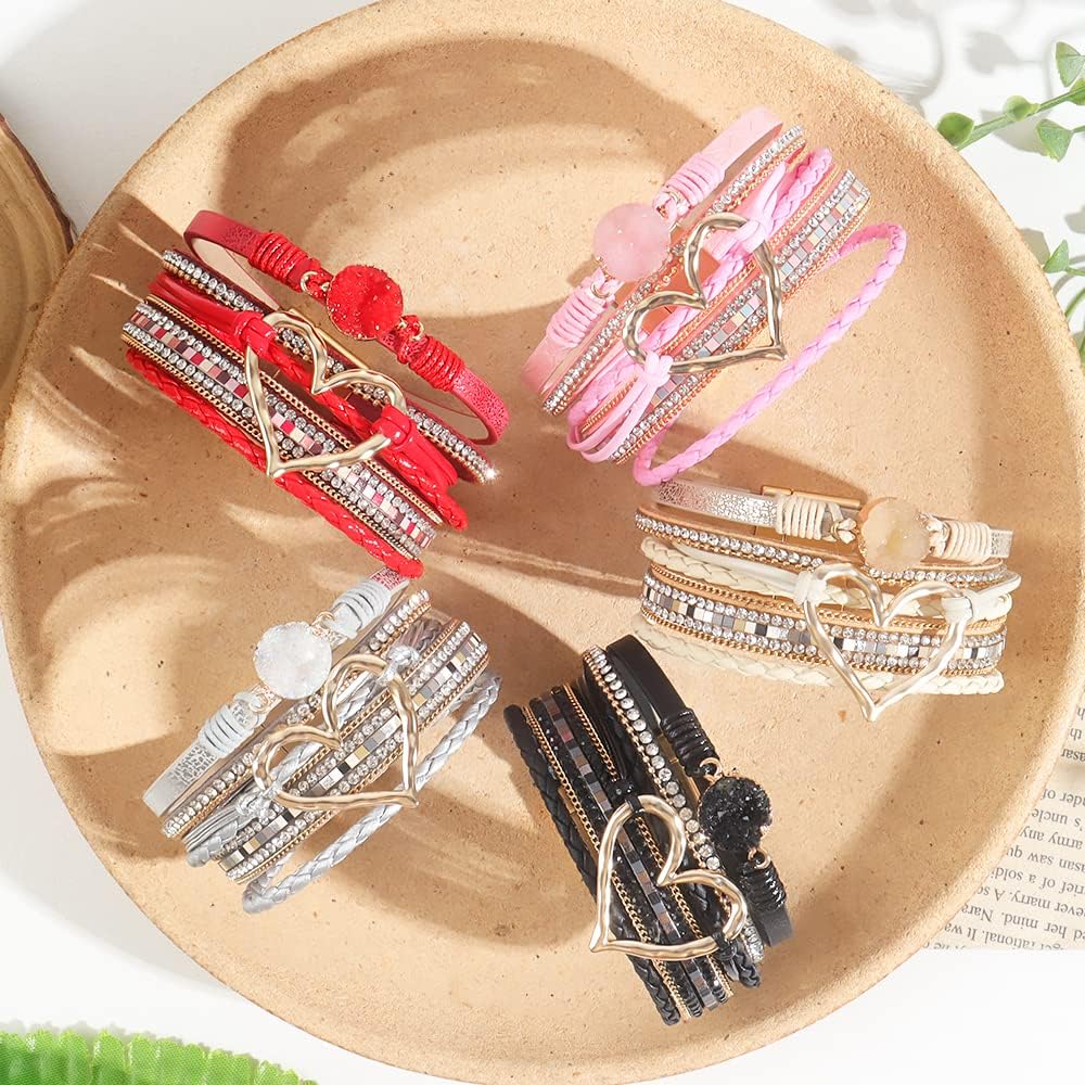 Leather Wrap Bracelets for Women Trendy Stackable Boho Cuff Bangles Heart Layered Bracelets Jewelry Gifts Stocking Stuffers - Image 6