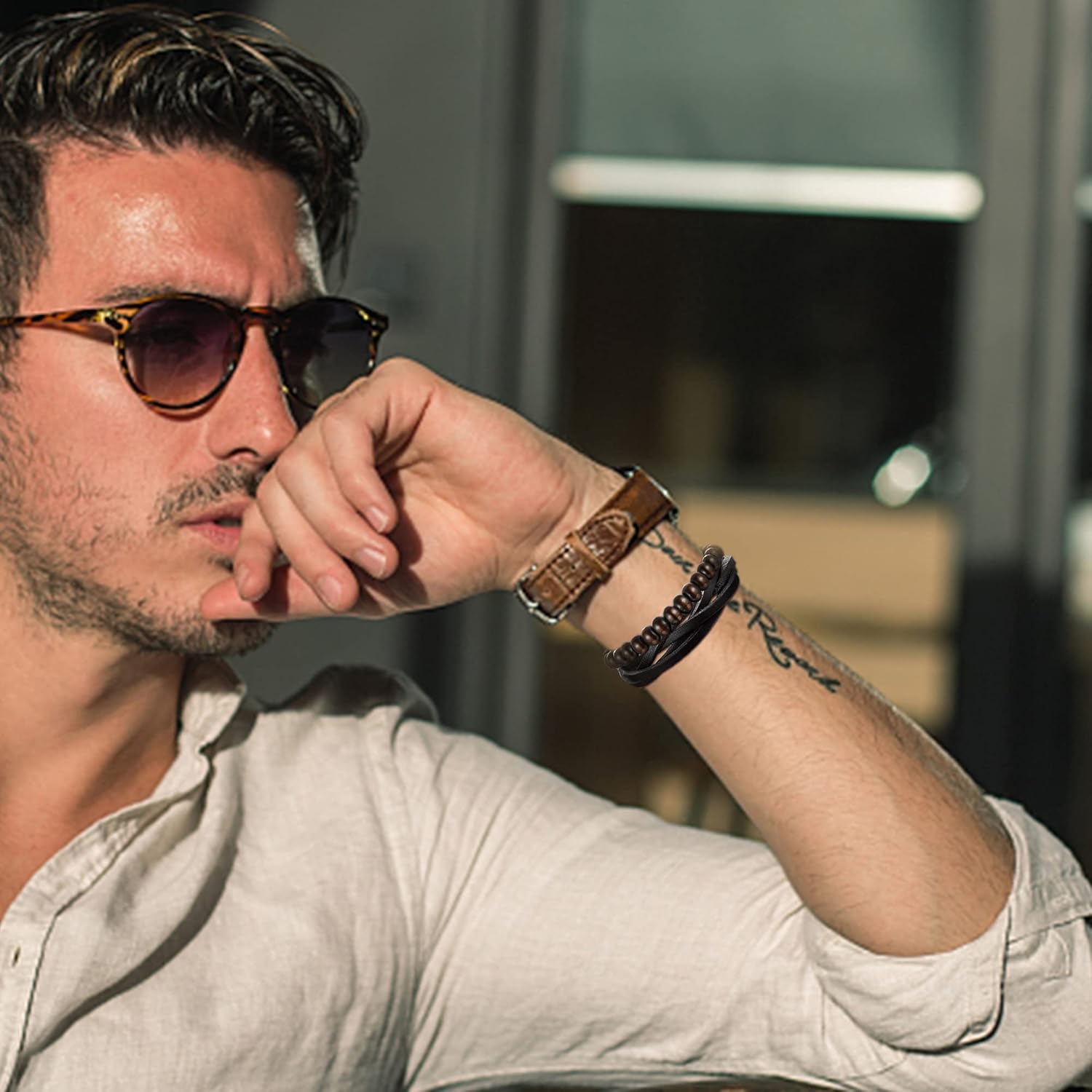 FUNRUN JEWELRY 29 Pcs Black Leather Bracelet Set for Men Women Cross Feather Charm Wide Wristband Brown Wood Wooden Beads Braided Woven Ethnic Tribal Bangle Set Adjustable Woven Cuff Bracelets - Image 3