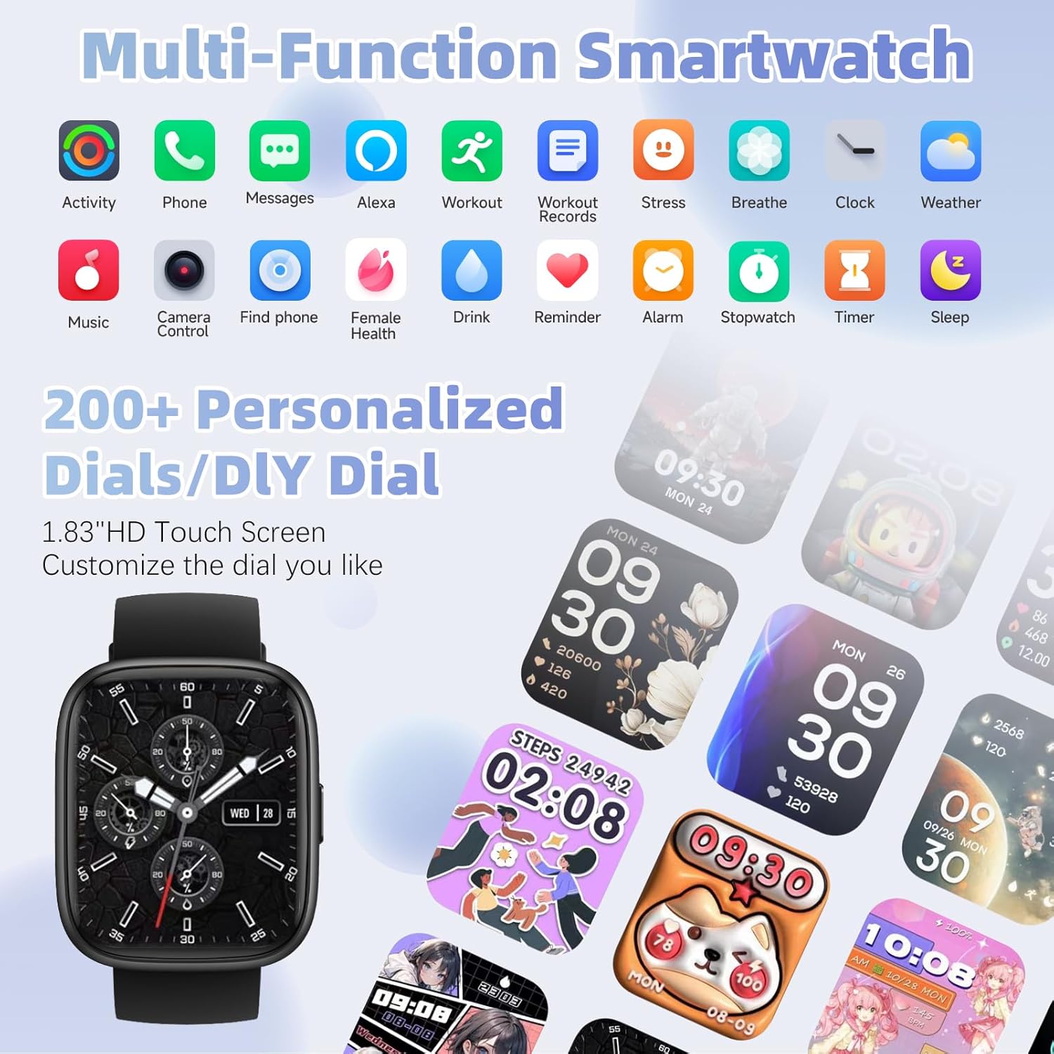 MILOUZ Smart Watch for Men Women(Answer/Make Calls),Alexa Built-in,1.83" HD Touch Screen Fitness Watch, Heart Rate/SpO2/Sleep Monitor IP68 Waterproof 100 Sports Modes Smartwatch for Android iOS(Black) - Image 3