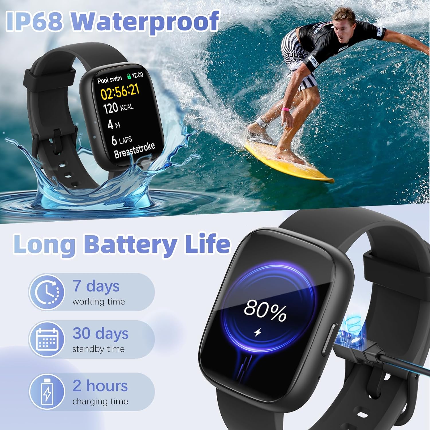 MILOUZ Smart Watch for Men Women(Answer/Make Calls),Alexa Built-in,1.83" HD Touch Screen Fitness Watch, Heart Rate/SpO2/Sleep Monitor IP68 Waterproof 100 Sports Modes Smartwatch for Android iOS(Black) - Image 7