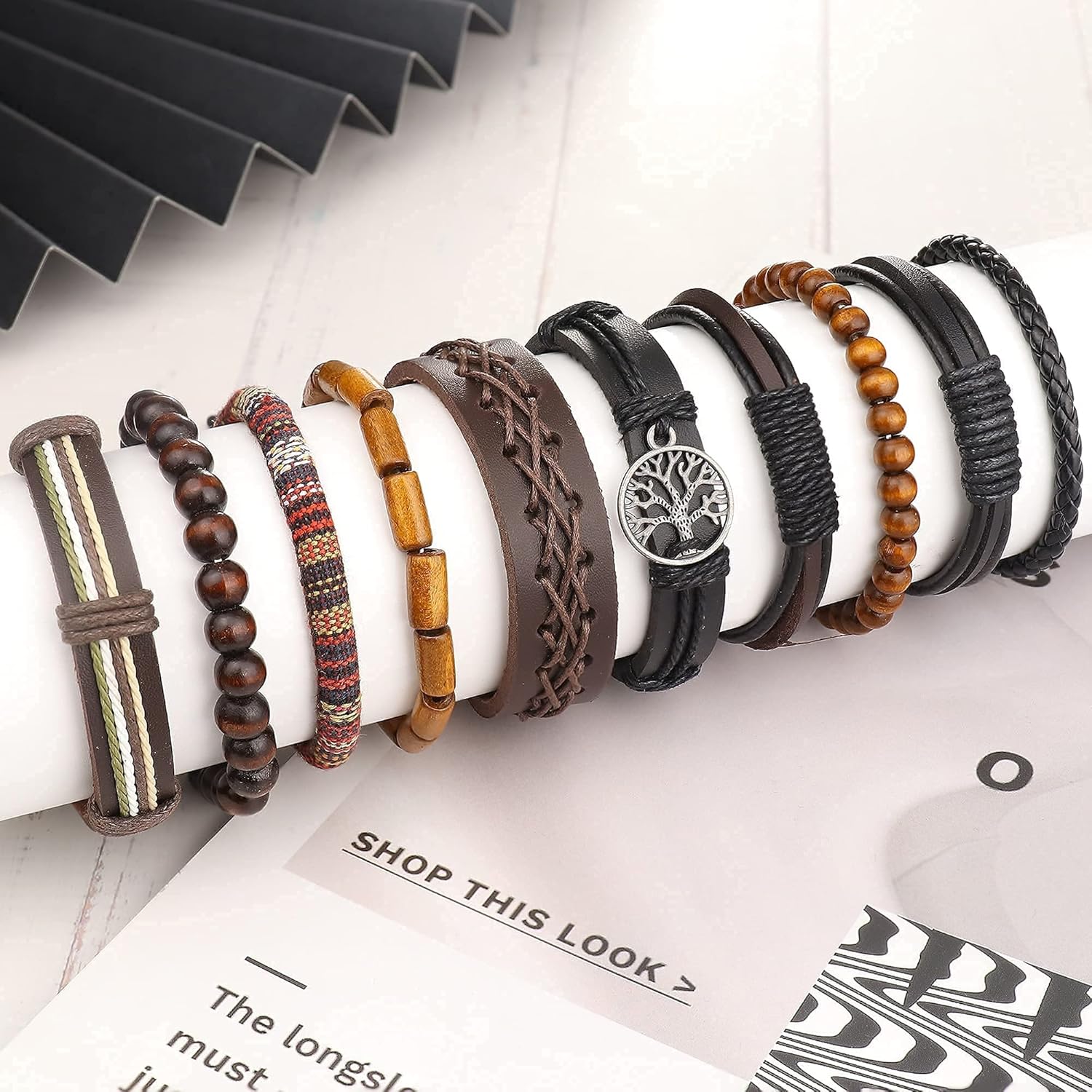 FUNRUN JEWELRY 29 Pcs Black Leather Bracelet Set for Men Women Cross Feather Charm Wide Wristband Brown Wood Wooden Beads Braided Woven Ethnic Tribal Bangle Set Adjustable Woven Cuff Bracelets - Image 6