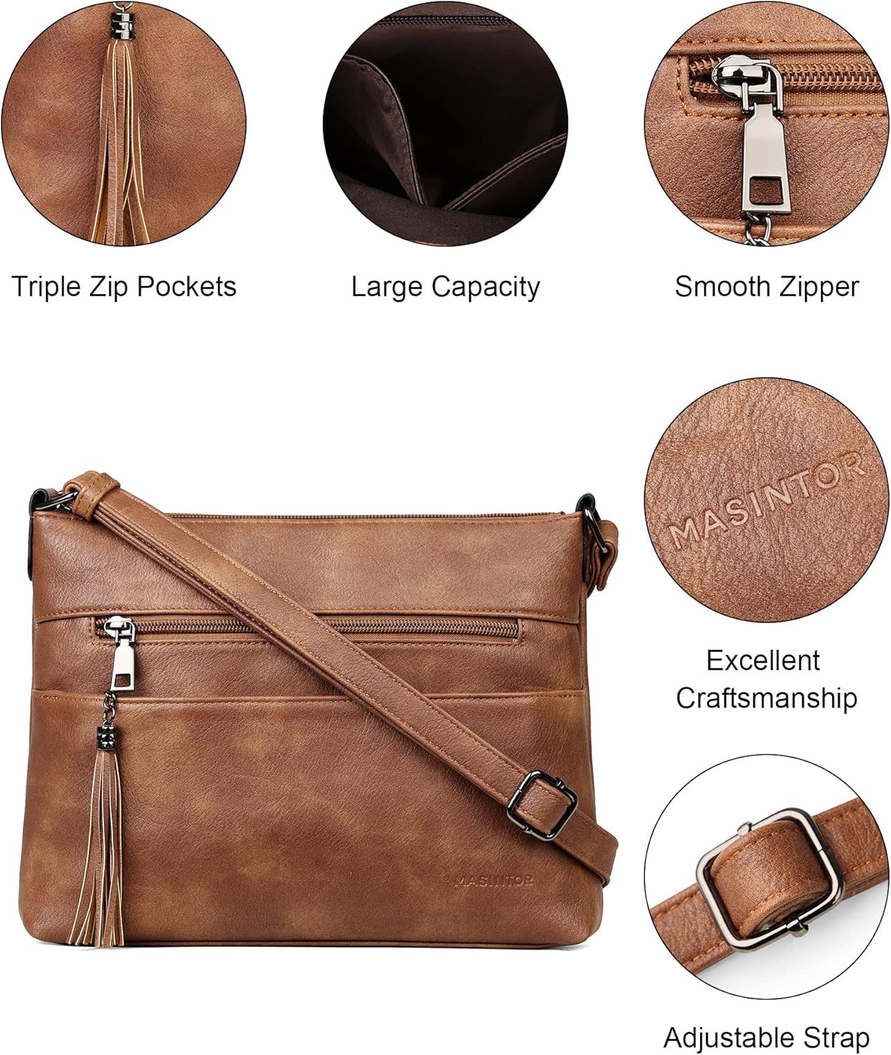 MASINTOR Crossbody Bags for Women, Lightweight Medium Crossbody Purse, Soft Leather Women's Shoulder Handbags with Tassel for Shopping or Travel - Image 5