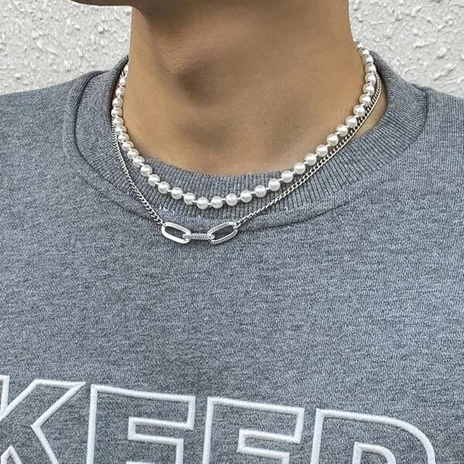 Pearl Necklace Men Silver Chain Necklace Faux Pearl Necklace Mens Pearl Necklace Layered Cuban Link Necklace Christmas Jewelry Gifts for Him - Image 4