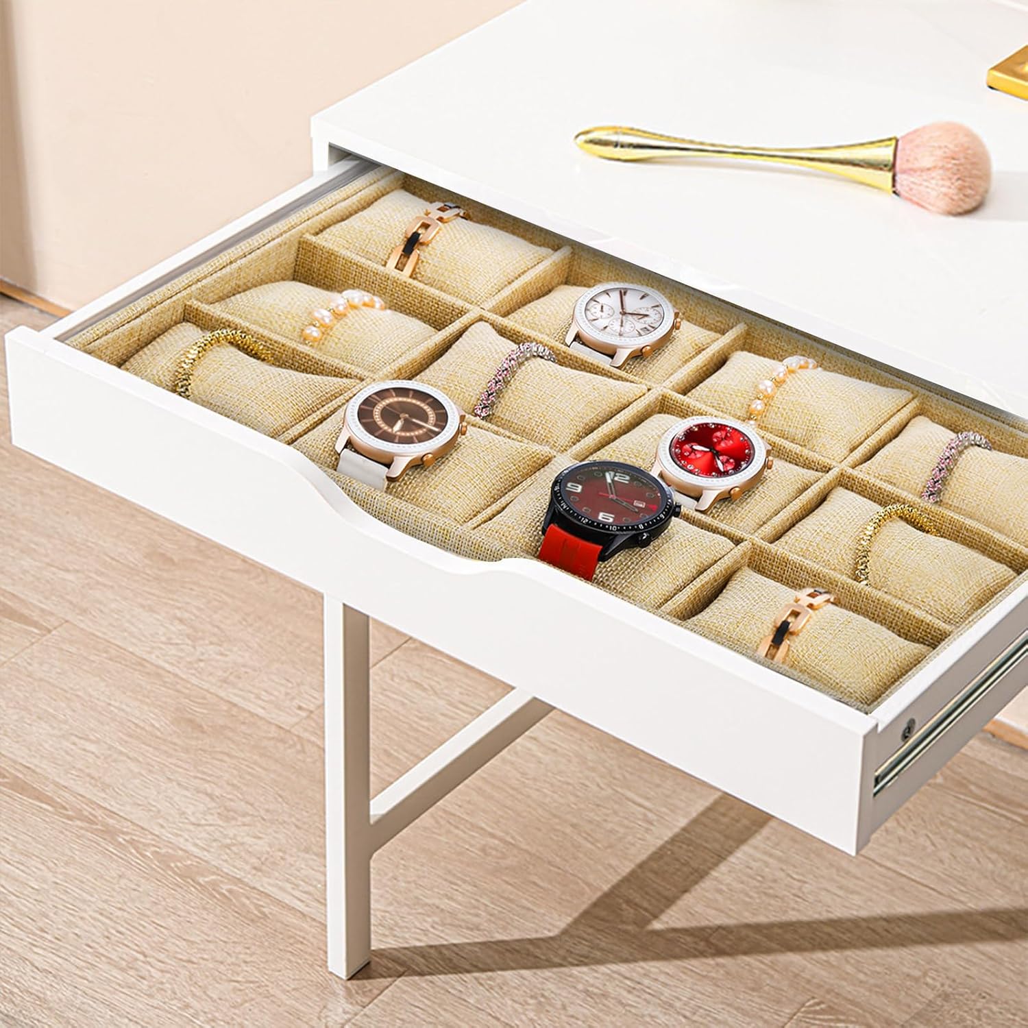 Hedume Burlap Jewelry Display, 12 Slot Sackcloth Watch Jewelry Bracelet Tray, Linen Watch Large Holder Box Display Case Organizer with 12 Grid Pillow for Men and Women - Image 6