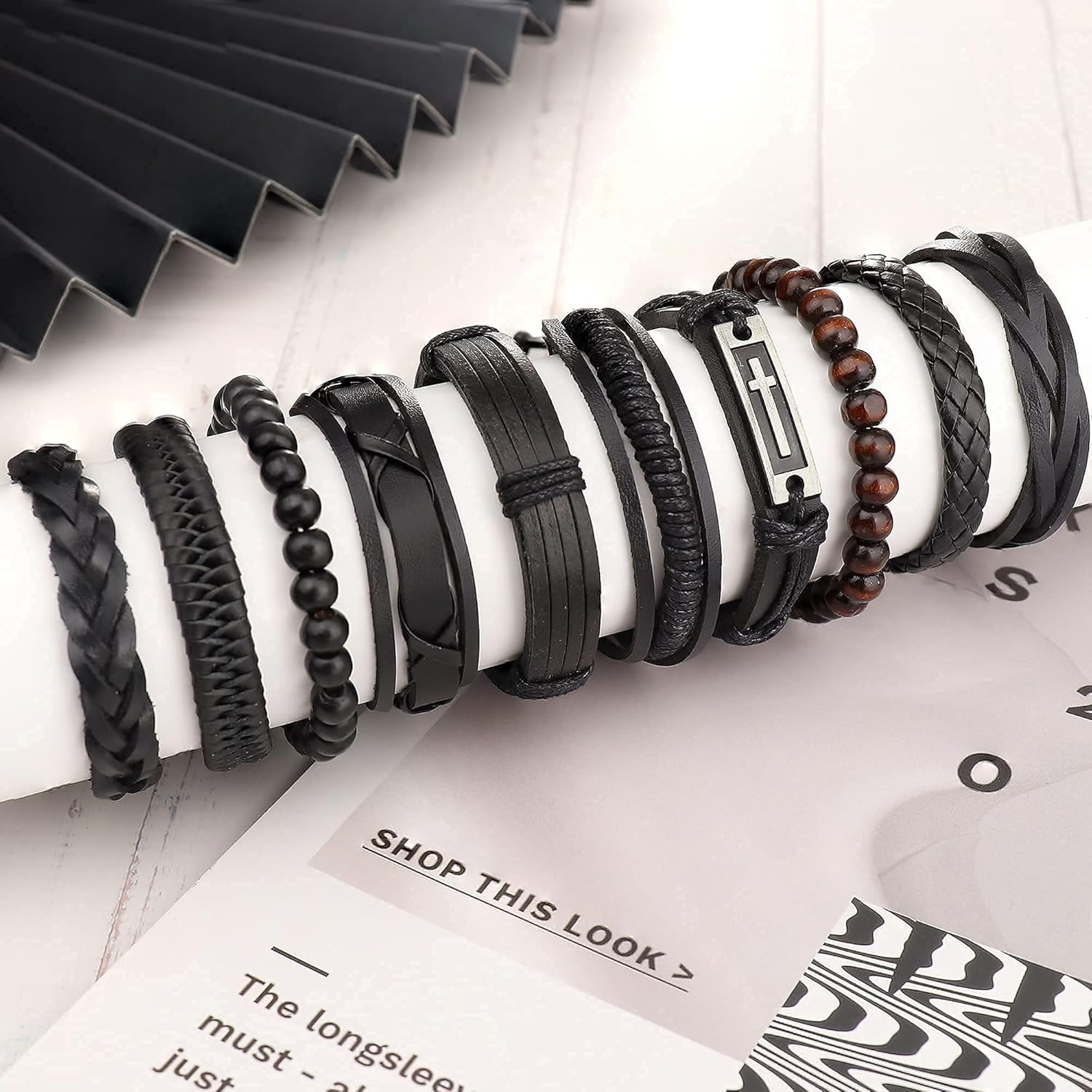 FUNRUN JEWELRY 29 Pcs Black Leather Bracelet Set for Men Women Cross Feather Charm Wide Wristband Brown Wood Wooden Beads Braided Woven Ethnic Tribal Bangle Set Adjustable Woven Cuff Bracelets - Image 7