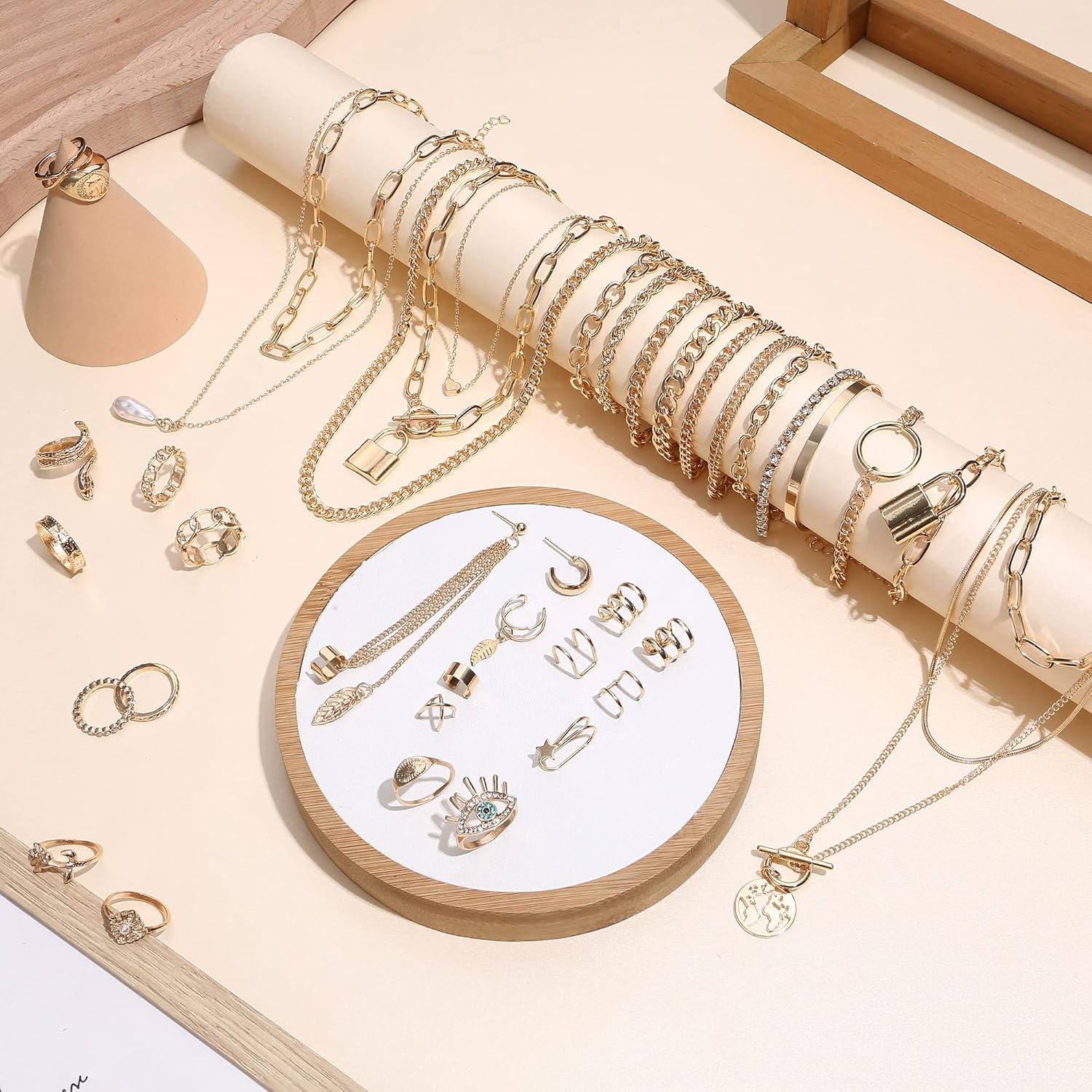 Finrezio Gold Plated Jewelry Set with 8 PCS Necklace, 11 PCS Bracelet, 10 PCS Ear Cuffs Earring, 12 Pcs Knuckle Rings for Women Valentine Anniversary Birthday Friendship Gift - Image 2